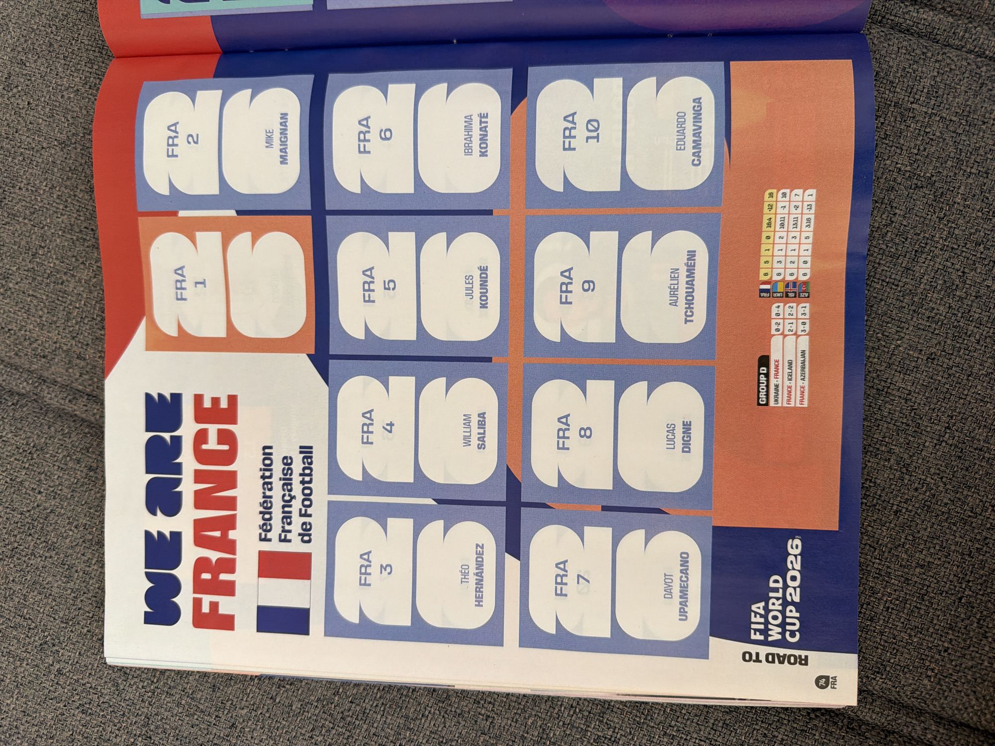 The image shows a page from a sticker album featuring the French national football team. The page displays several stickers with player names and numbers, including Mike Maignan (FRA 2), Théo Hernández (FRA 3), William Saliba (FRA 4), Jules Koundé (FRA 5), Ibrahima Konaté (FRA 6), Dayot Upamecano (FRA 7), Lucas Digne (FRA 8), Aurélien Tchouaméni (FRA 9), and Eduardo Camavinga (FRA 10). There is also a sticker for FRA 1, which is blank. The header reads "WE ARE FRANCE" with the French Football Federation logo. Below the player stickers, there is a section labeled "ROAD TO FIFA WORLD CUP 2026" and a table showing group stage results for Group D, with France listed as one of the teams. The image is a close-up of a page of the sticker album, with the background suggesting it is placed on a textured surface, likely a couch or carpet. There is no information in the image that would indicate its location in Zlatitrap, Bulgaria.