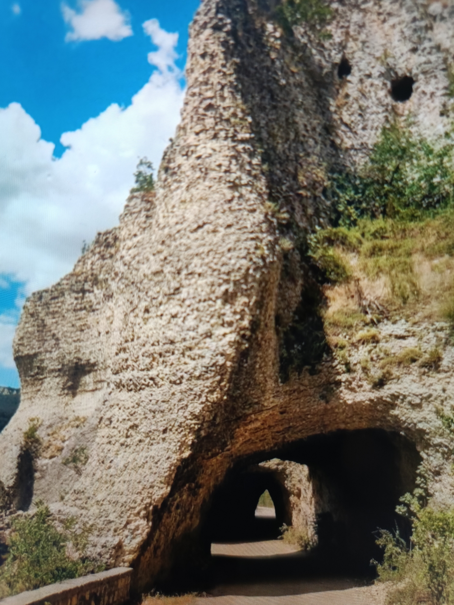 The image shows a view of an ancient rock-hewn monastery with a tunnel entrance, located in the city of Varna, Bulgaria. The monastery is carved into a massive sandstone cliff face, with its textured, light-colored stone dominating the frame. Two dark openings are visible in the upper part of the cliff, resembling windows or entrances. In the foreground, a dark tunnel leads into the rock, with a smaller, arched opening visible deeper within the passage. The ground inside the tunnel appears to be a dirt path. Lush green vegetation and dry grass grow on the slopes of the cliff and around the tunnel entrance. The sky above is bright blue with scattered white clouds, suggesting a clear day. The overall scene conveys a sense of historical depth and natural integration.