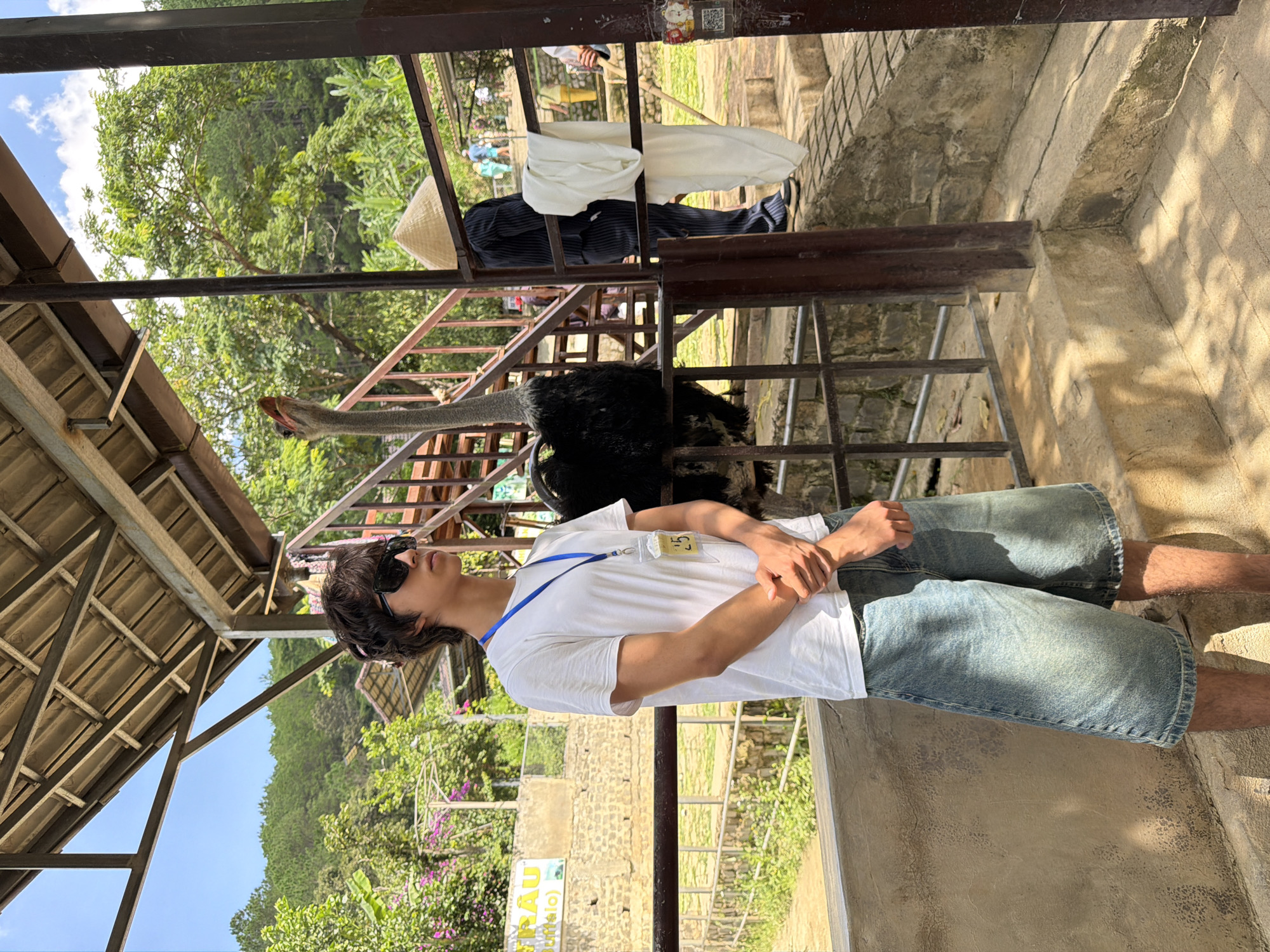 An ostrich is standing behind a metal fence, with its head raised and mouth open, near a set of stairs. To the left of the ostrich, a young male with dark, curly hair and sunglasses is standing. He is wearing a white t-shirt, blue denim shorts, and a blue lanyard with an identification tag that reads "25". His hands are clasped in front of him. To the right of the ostrich, a person wearing a black pinstripe suit and a conical hat is standing, with a white cloth draped over the fence. In the background, there is lush green foliage, trees, and a bright blue sky. The scene appears to be outdoors, possibly at a zoo or wildlife park in Định An, Vietnam, given the presence of the ostrich and the sunny, tropical environment.