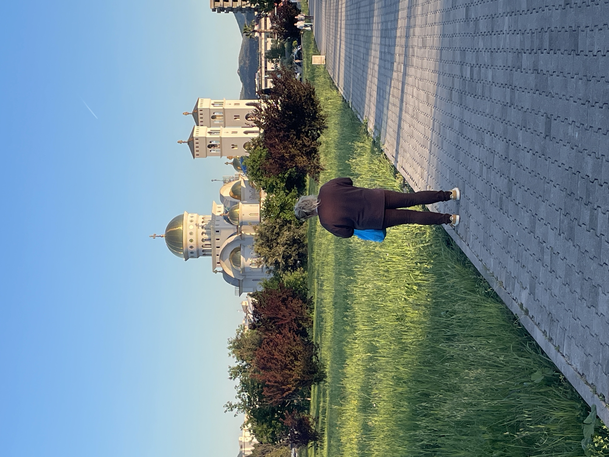An outdoor scene in Bar, Montenegro, captured during the late afternoon or early evening, is dominated by a clear blue sky and warm sunlight. A person, seen from behind, is walking along a paved pathway that occupies the right side of the frame. The individual has light-colored hair, is dressed in dark clothing (a dark top and dark trousers), and wears light-colored athletic shoes. They are carrying a bright blue bag in their left hand.
To the left of the pathway is a wide stretch of lush green grass, interspersed with various bushes and trees. In the mid-ground and background on the left, a large, ornate building resembling an Eastern Orthodox cathedral stands prominently. It features white walls, multiple gleaming golden domes, and tall, square towers. The sun casts a golden glow on its architectural details. In the far distance, mountains are visible, along with other urban structures. A faint airplane contrail streaks across the clear sky. The pathway is constructed from grey interlocking paver blocks. No visible text is present in the image.