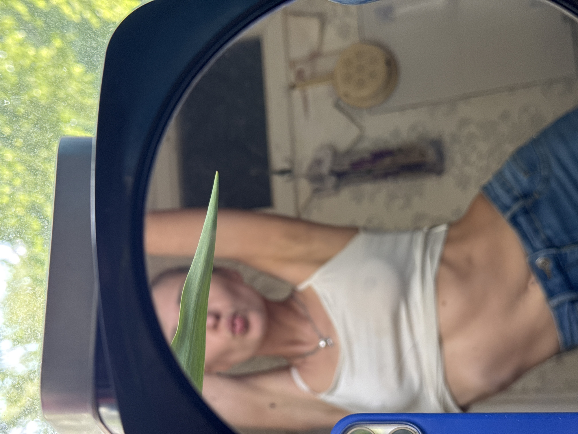 A reflection of a person wearing a white tank top and blue denim clothing is visible in a round mirror. A green plant stem partially obscures the view. The mirror's frame is black and blue, with a hint of a phone's camera lens visible at the bottom. Behind the reflected image, a wall with patterned wallpaper can be seen. A small, round, straw-like object is mounted on the wall. The setting appears to be indoors. There is not enough information to find the location in the city of Chaikovsky, Russia.