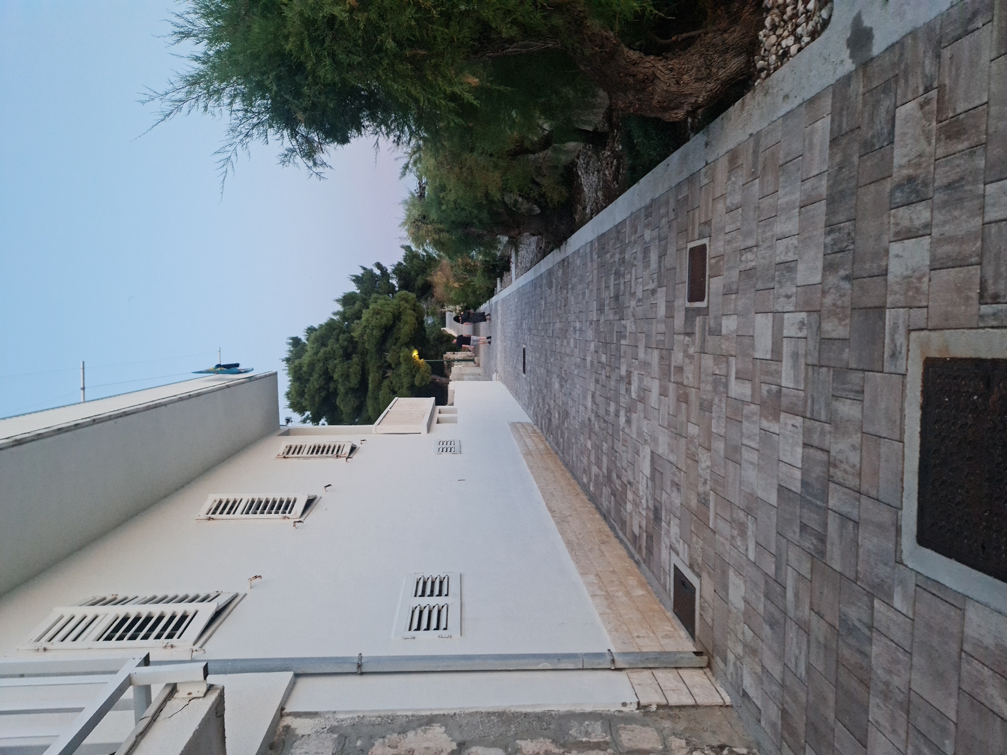 The image depicts a paved walkway in the city of Brist, Croatia, bordering a white building with shutters and a textured beige lower wall. The walkway is constructed of rectangular paving stones laid in a herringbone pattern. On the right side of the walkway, lush green trees and shrubs are visible, with an ancient gnarled tree trunk prominent in the foreground. The sky above is a clear, pale blue, suggesting either early morning or late evening. Two figures, a man and a woman, are walking away from the camera along the walkway. The scene appears to be peaceful and serene.
