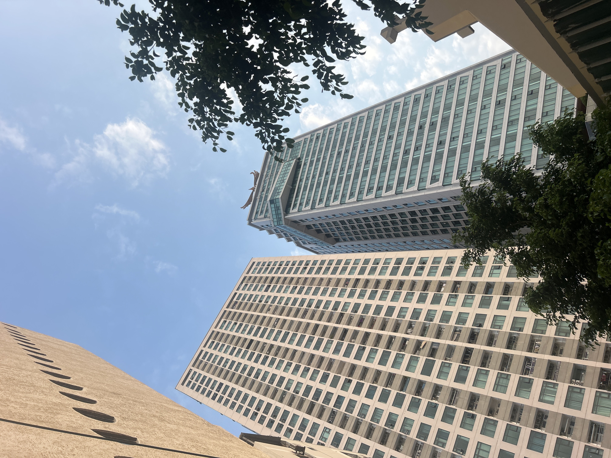 A low-angle shot captures the towering architecture of Bắc Nha Trang, Vietnam, against a clear blue sky dotted with scattered white clouds. Lush green foliage from overhead trees frames the scene from the top and partially from the right.
In the upper-middle of the frame, a modern skyscraper rises, featuring a sleek, light grey facade with vertical bands and numerous horizontal windows. A distinctive golden, bird-like emblem, possibly a phoenix or dragon, adorns its upper-left side, adding an artistic flourish. This building also exhibits a unique recessed section near its base with more windows.
Below and to the right, another large, multi-story building dominates, characterized by an off-white or light beige exterior and a repetitive pattern of rectangular windows. Many of these windows appear to have small balconies or spaces for air conditioning units, suggesting a residential or apartment complex.
On the lower-left, a textured, light brown architectural wall with a series of rhythmic, horizontal indentations adds a contrasting element to the urban landscape.
The image conveys a bright, sunny daytime environment with clear weather. There are no people visible, and no discernible activity is taking place. No text is visible within the frame. The overall impression is one of modern urban development.