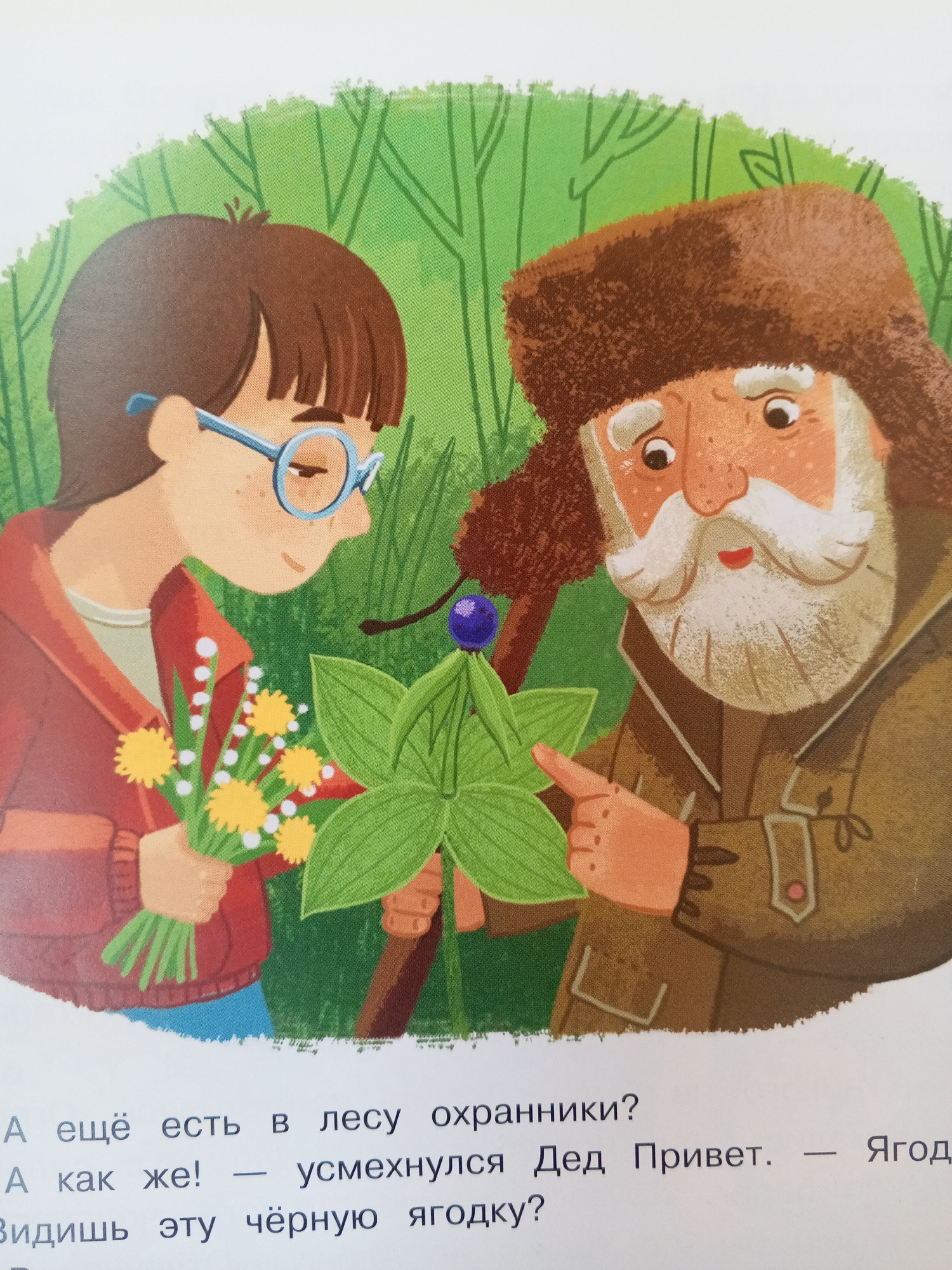 An illustration depicts a young person wearing glasses and holding a bouquet of wildflowers, standing next to an older person with a beard and a fur hat. They are in a forest setting, with green trees in the background. The older person is pointing to a dark berry on a plant. Below the illustration, there is Russian text. The image is not located in Chistopol, Russia, or any specific geographical location.