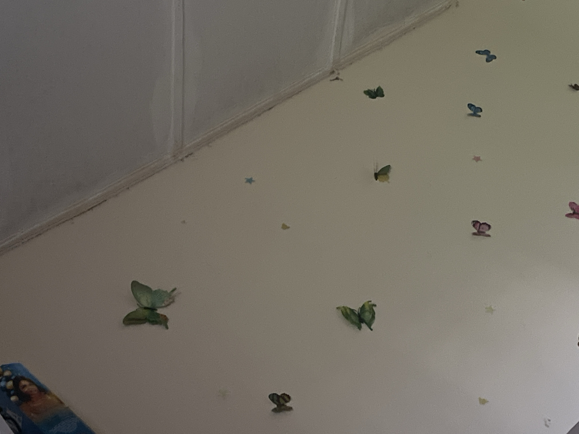 The image depicts a wall adorned with butterfly stickers. Several green butterflies are visible, with one prominently displayed near the top left. Below this, a cluster of two green butterflies is located. Other butterflies, in shades of pink, blue, and brown, are scattered across the wall. The environment appears to be an indoor setting, possibly a child's room. The image does not contain information about the city of Durimi, Nigeria, or any specific forensic details about people, actions, or interactions.