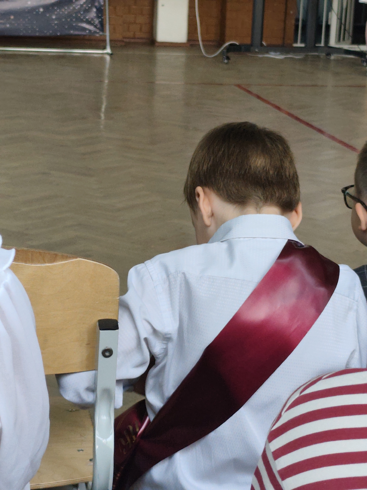 The image depicts a group of children seated in what appears to be an indoor gymnasium or hall. The room has a light-colored, possibly wooden, floor, and in the background, there is a brick wall, part of a banner, and metal structures that may be part of the gym equipment. The children are likely at an event or ceremony, as one is wearing a burgundy sash, indicating a special occasion like graduation. The focus is on the backs of their heads and shoulders. The photograph is taken from behind, obscuring their faces. The location cannot be determined as Gremyachinsk from the visual information.