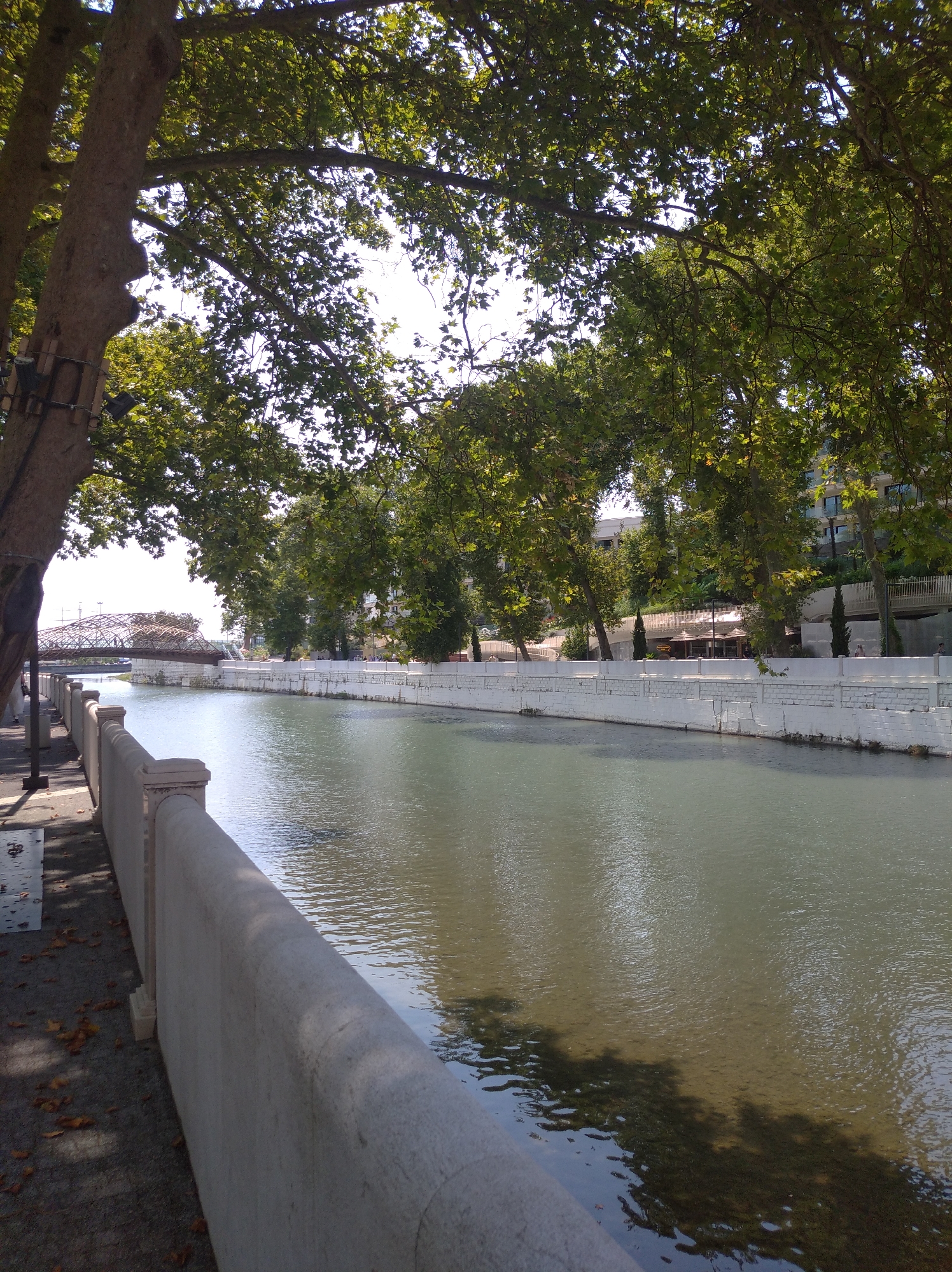 The image depicts a serene riverfront scene in Sochi, Russia, specifically along the Byz-Loo embankment. A wide, calm river, with subtle ripples reflecting the sky and surrounding trees, dominates the frame. On the left bank, a paved walkway is bordered by a light-colored stone balustrade, with fallen leaves scattered on the ground, hinting at an autumn season. Tall trees with lush green foliage cast dappled shadows on the walkway and into the water. Beyond the river, the opposite bank features a white retaining wall, beyond which a row of buildings and more trees are visible. A distinctive bridge with a metal lattice structure spans the river in the distance. The sky is bright and partially obscured by tree branches. The scene is devoid of people, creating a tranquil atmosphere.