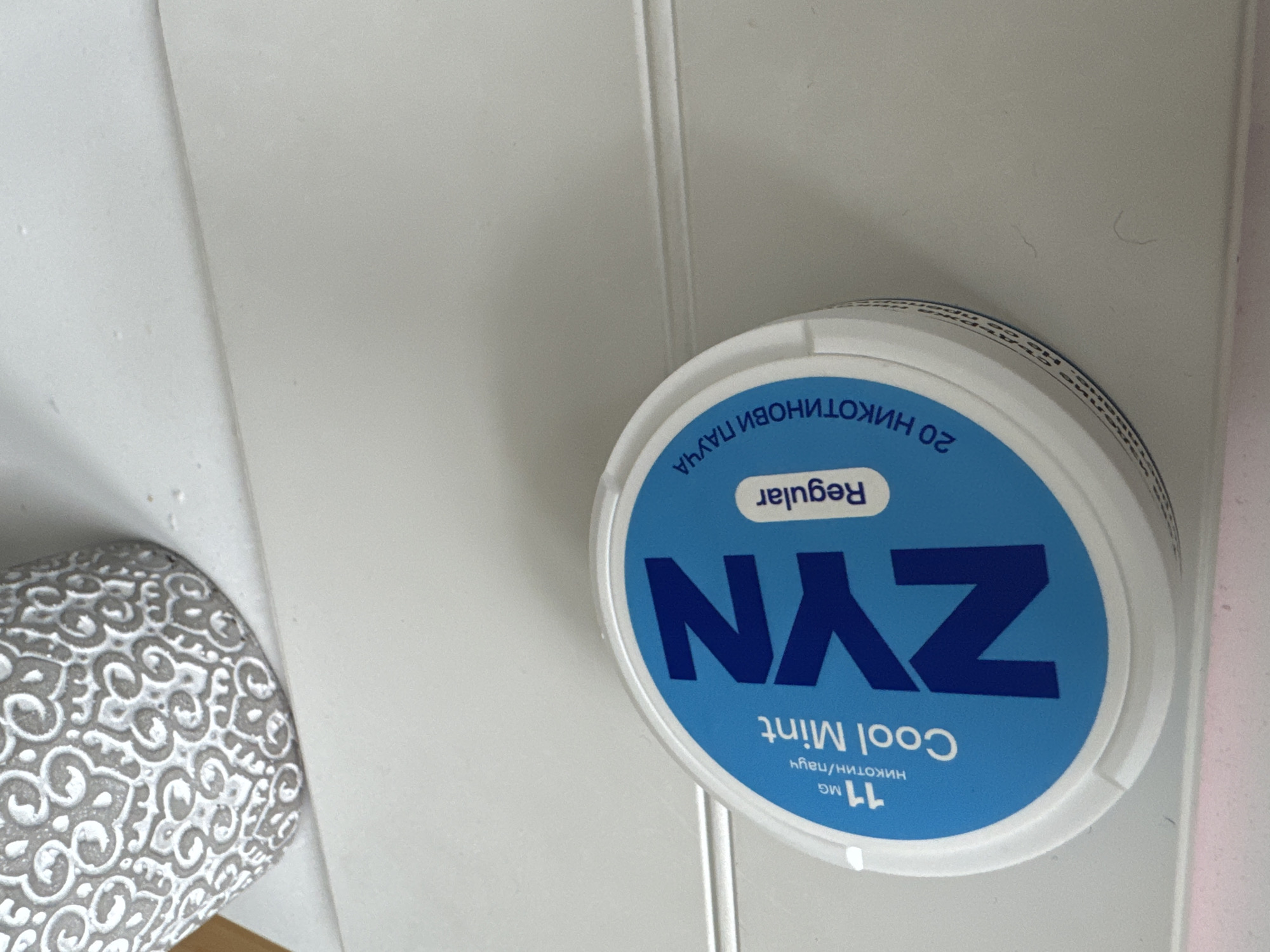 A close-up, still-life image shows a can of ZYN Cool Mint nicotine pouches and a small, patterned ceramic pot on a white surface, likely a bathroom countertop or shelf. The ZYN can is predominantly white with a blue label featuring the brand name "ZYN" in large, bold lettering. Below the brand name, "Cool Mint" is printed, and above, "Regular" is displayed. Text in Cyrillic script is also present. The ceramic pot has a gray base with an intricate white pattern. The background is uniformly white, consisting of either wall or counter surfaces. There are no identifiable people, actions, or specific interactions occurring in the depicted scene. The scene cannot be confidently located in Varna, Bulgaria, from the image alone; the can has Cyrillic on it.