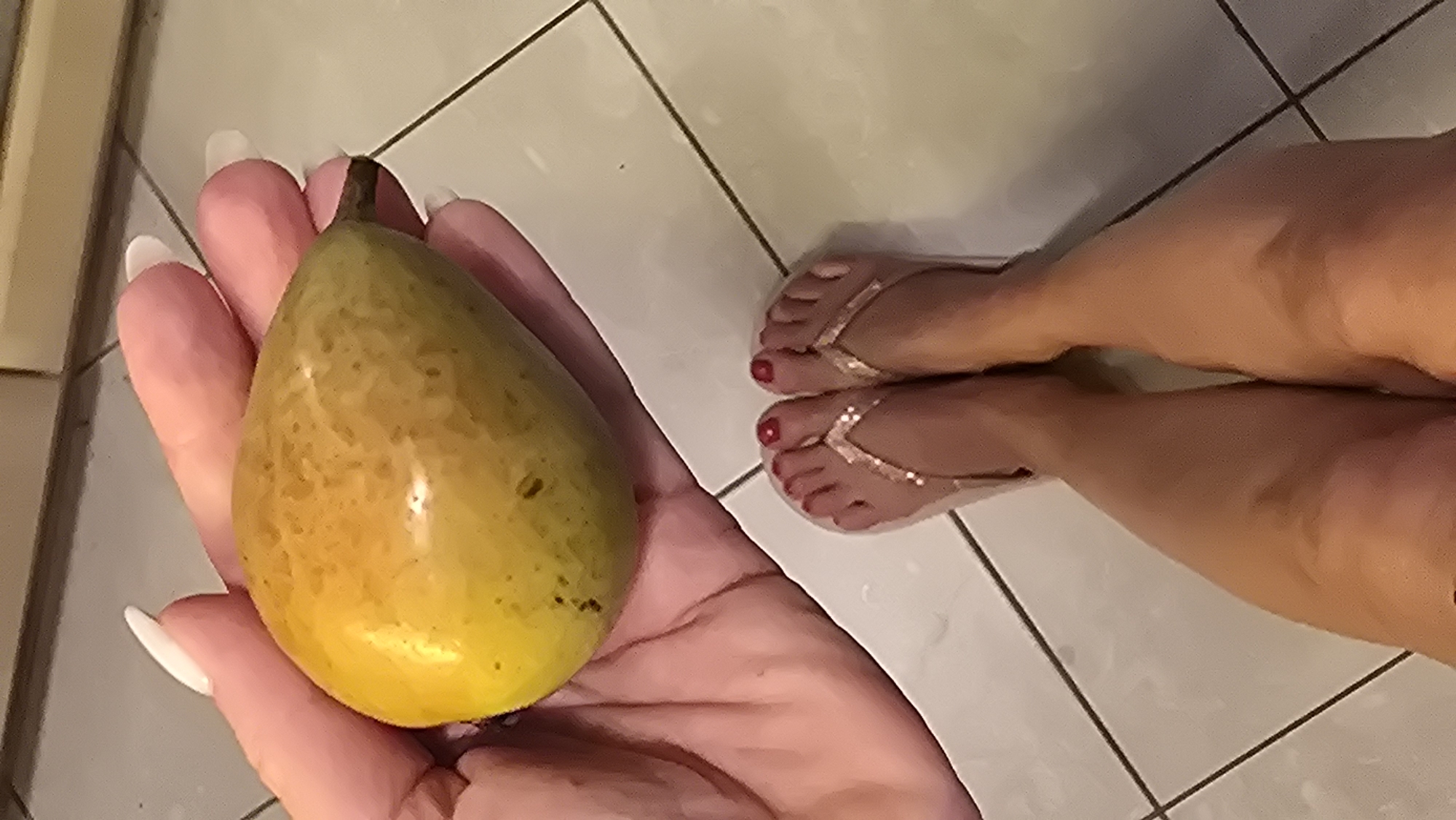 An overhead, close-up shot captures a person's hand holding a pear-shaped fruit, with another person's (or the same person's) feet visible in flip-flops on a tiled floor in the background.
The hand in the foreground is holding a large, ripe fruit that transitions in color from green at the top to yellow at the bottom, with some natural speckling on its skin and a small brown stem. The fingers of the hand have light skin, and the fingernails are long with white tips, resembling a French manicure.
In the mid-ground, slightly out of focus, a pair of feet with light skin are seen wearing light-colored flip-flops. The flip-flops have shiny or metallic V-shaped straps. The toenails are painted a bright red color. The feet are resting on a light-colored tiled floor, which has dark grout lines forming a grid pattern.
The setting appears to be an indoor space, possibly a bathroom or kitchen, suggested by the tiled floor. The lighting seems to be artificial, making the time of day undeterminable. No text is visible in the image.