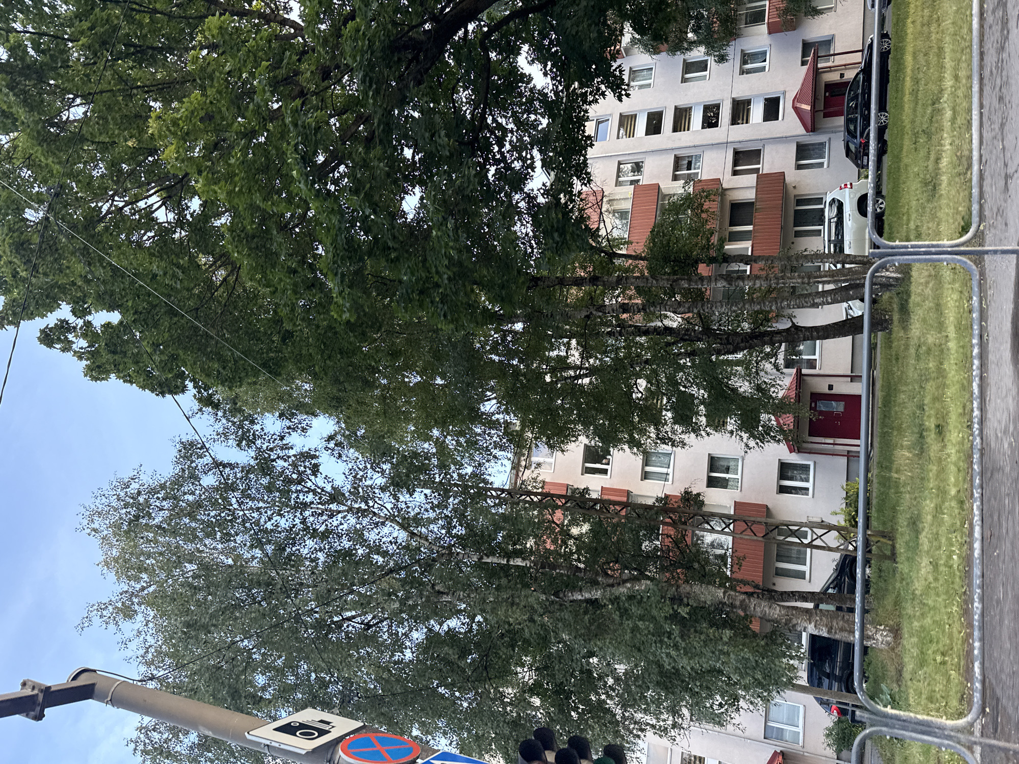 In Tallinn, Estonia, on a slightly overcast day, a light-colored apartment building with numerous windows and red balconies stands behind a row of tall birch and leafy trees. The building has a light facade and appears to be several stories high. In front of the building, parked cars, including a black SUV and a white SUV, are visible on a grassy area. To the left of the frame, a traffic light and a signpost with traffic signs are present. The foreground features a metal fence and a grassy embankment.