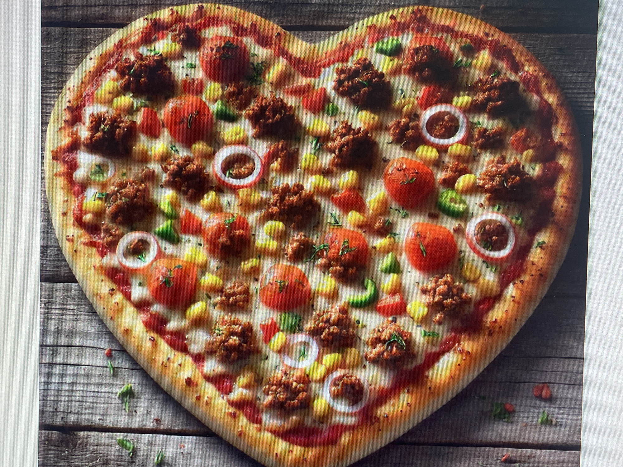 A heart-shaped pizza is displayed on a weathered wooden surface. The pizza is topped with ground meat, sliced tomatoes, corn kernels, slices of red onion, and what appear to be pieces of jalapeño pepper. The crust is golden brown and slightly charred in places. The wooden surface has a distressed, planked appearance, and small green herbs and a few red crumbs are scattered around the pizza. The scene is lit from above, casting subtle shadows. There are no people or buildings visible in this image.