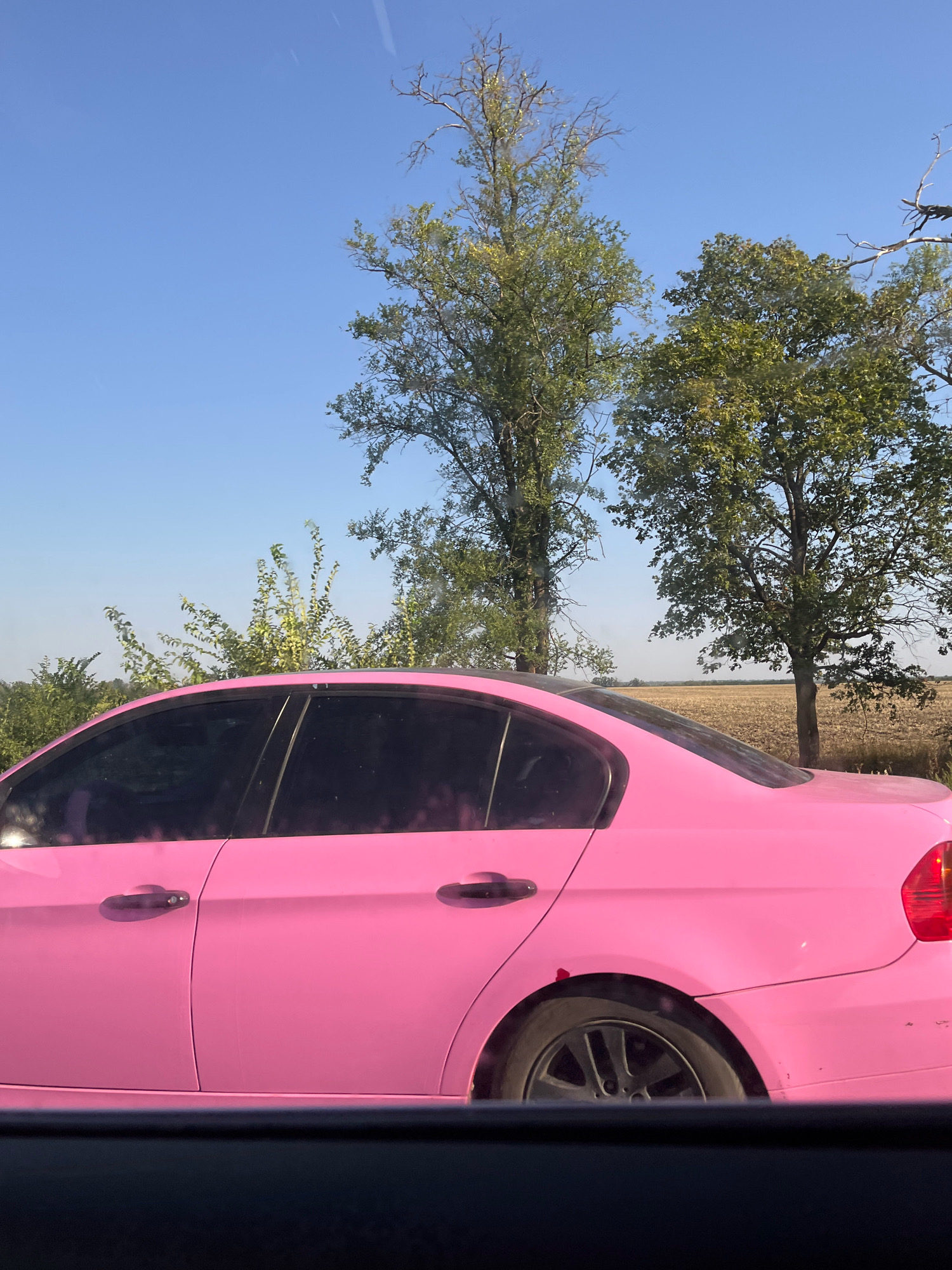 A bright pink sedan is parked on the side of a rural road. The car is in focus and takes up the majority of the frame. The windows are tinted dark. The background shows trees and a field of dry grass under a clear blue sky. The lighting suggests it is daytime, possibly late afternoon due to the warm glow on the car.