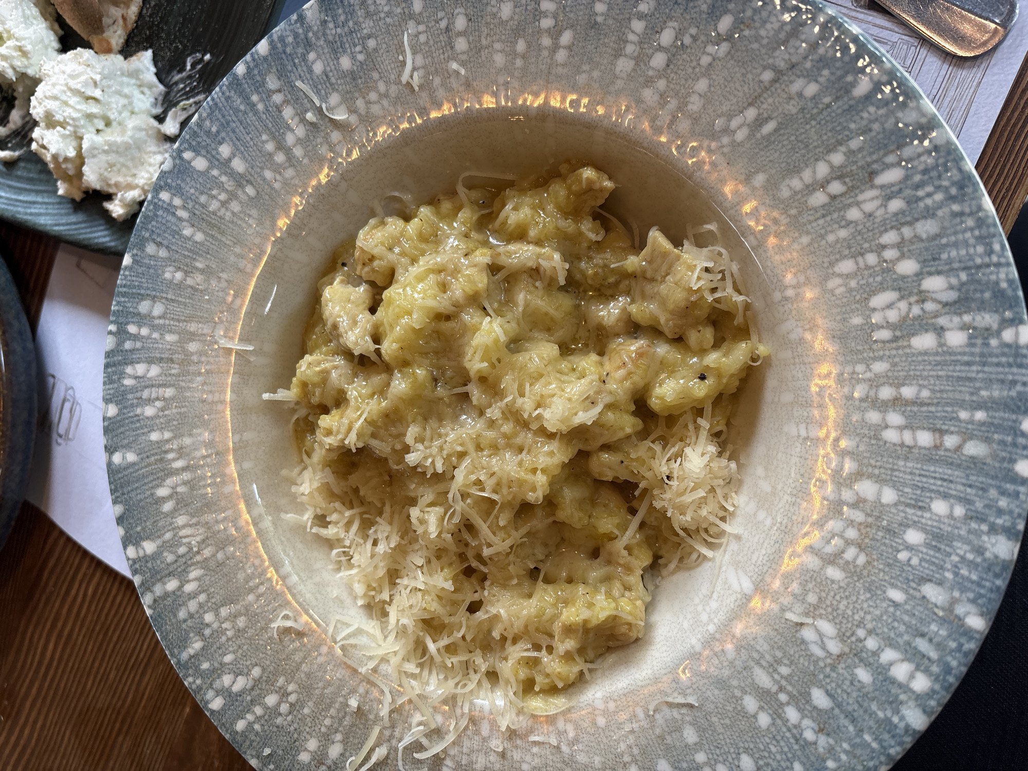 A close-up, eye-level shot shows a bowl of food, possibly pasta or gnocchi, covered with grated cheese, resting on a wooden surface. The bowl is ceramic, with a speckled blue-grey and white pattern. To the left of the bowl, partially visible, is another dish containing a white, lumpy substance. The background includes a piece of paper with printed text, a fork, and a dark-colored sleeve. The location is Unknown, Unknown.