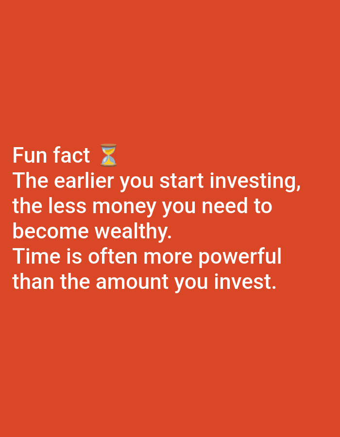 This is a close-up, eye-level, medium shot of text overlaid on an orange background. The text reads: "Fun fact ⏳ The earlier you start investing, the less money you need to become wealthy. Time is often more powerful than the amount you invest." There are no people, objects, or environmental elements visible other than the text and background. The image is not located in Lagos, Nigeria.