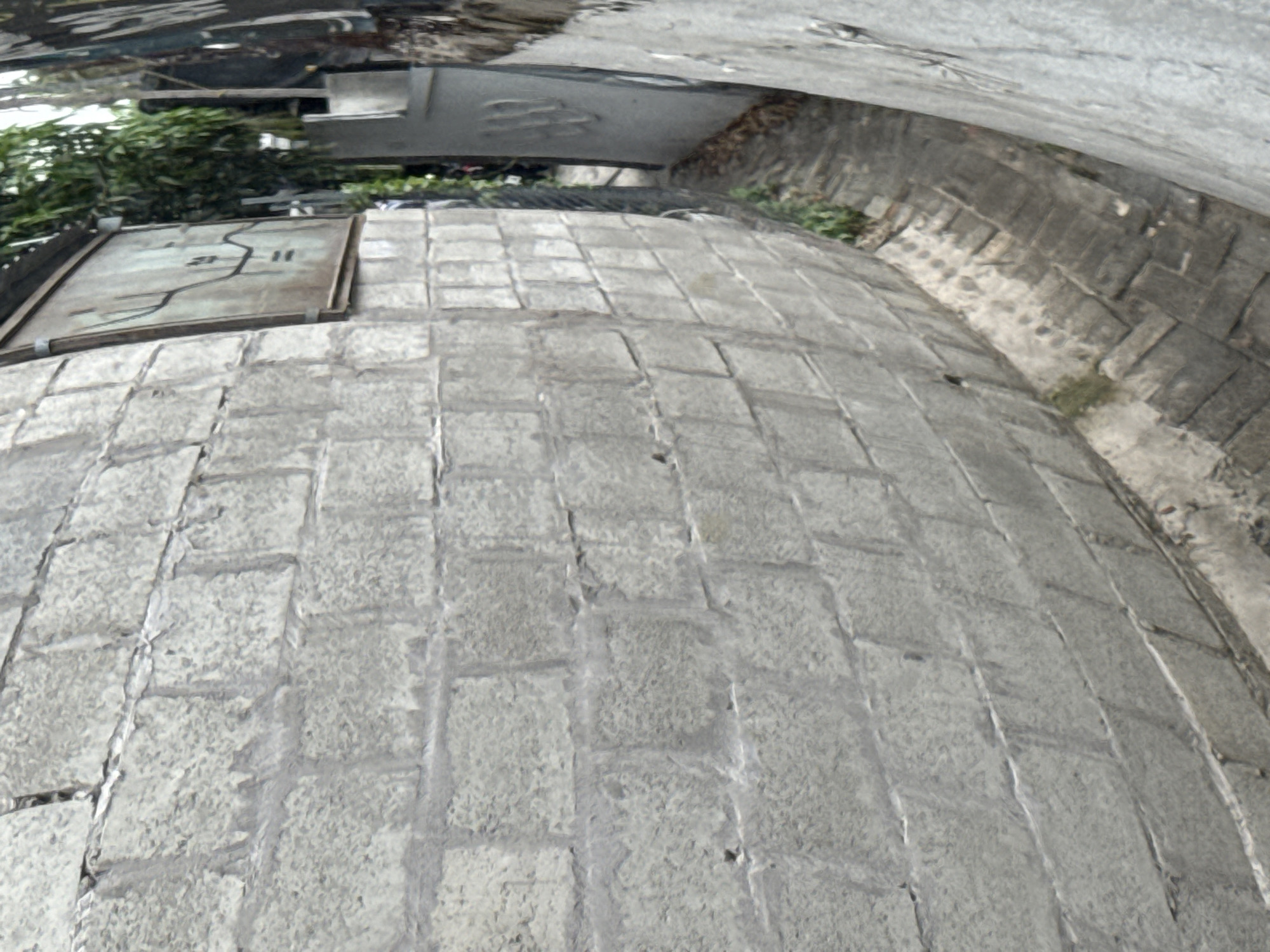 A long, curved, grey cinder block wall forms the left and upper portion of the frame. The wall is constructed of rectangular blocks arranged in a staggered pattern. Towards the upper right of the wall, a rectangular metal sign with a map-like drawing on it is mounted. To the right of the wall, a narrow alleyway descends, paved with dark grey bricks laid in a herringbone pattern. Green foliage grows along the edges of the alley. A grey metal gate with a decorative pattern is visible in the background of the alleyway. The scene is outdoors, under overcast daylight conditions.