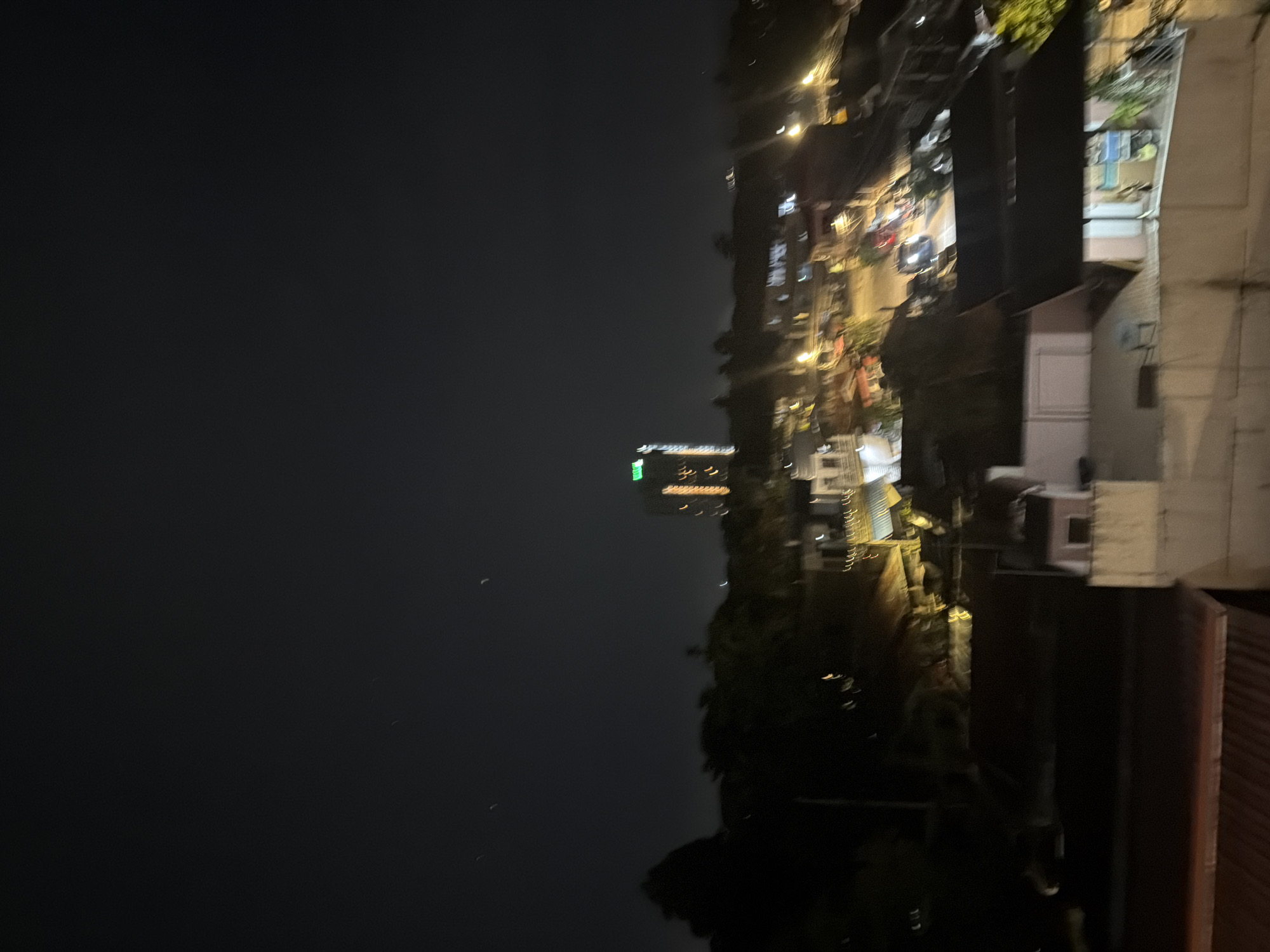 A nighttime view from a high vantage point in Davao City, Philippines. The city is visible with illuminated streets and buildings stretching into the distance. A tall building stands out with green and white lights. A mix of residential and commercial buildings line the right side of the image. Trees and greenery are interspersed throughout the built environment. The sky is dark and clear.