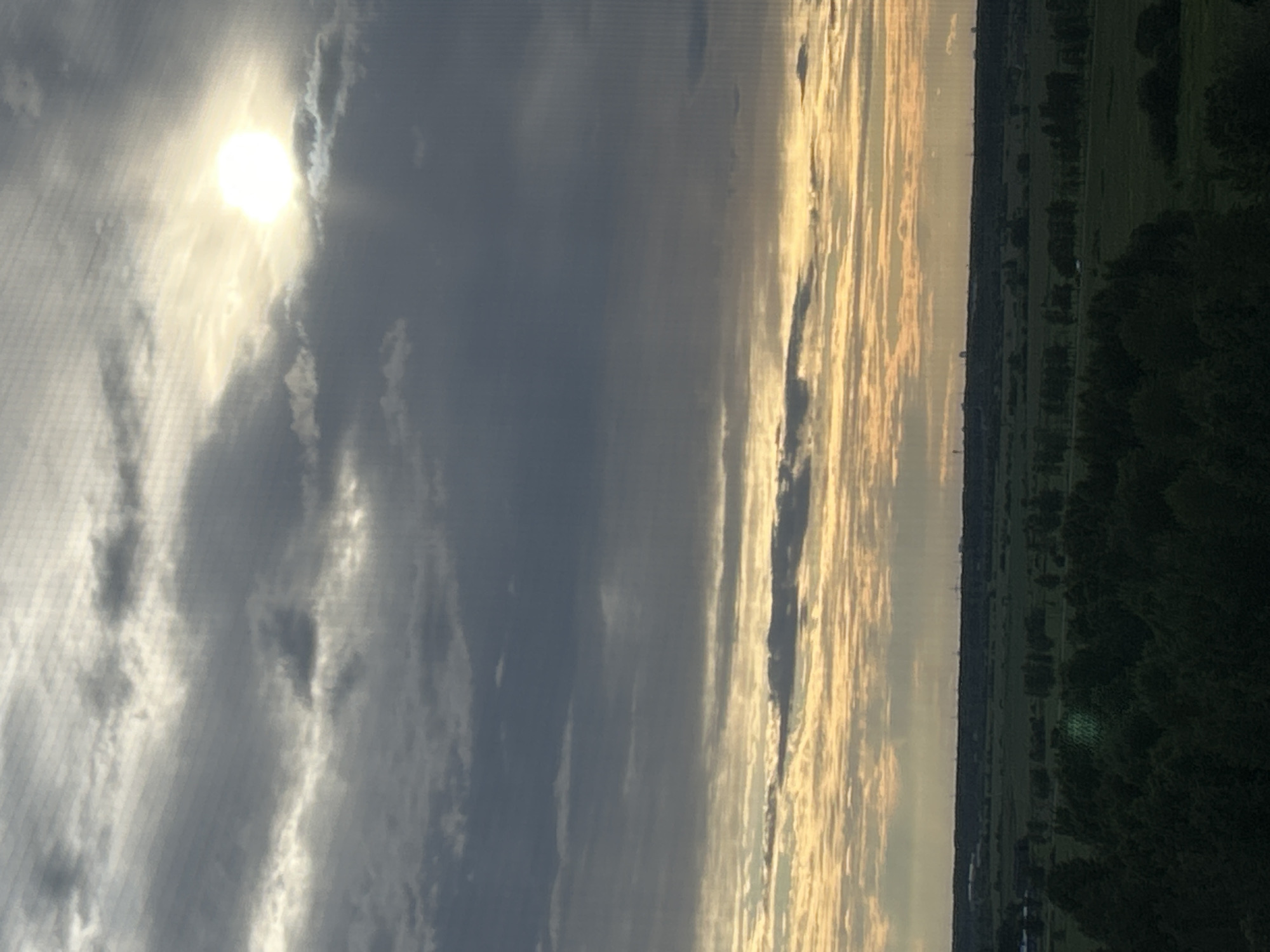The image captures a landscape with a dramatic sky and a stretch of land. The sun is visible, shining brightly through a layer of clouds, creating a luminous effect. The clouds are varied in texture, some appearing dark and heavy, while others are lighter and more wispy, catching the sunlight.
The lower portion of the image shows a landscape, divided into fields and wooded areas. The fields appear to be green, suggesting an agricultural or park-like setting. A line of trees runs horizontally across the mid-ground, separating the fields from a darker, denser forest on the right. Faint structures, possibly buildings or pylons, are visible on the horizon in the distance.
The scene suggests either sunrise or sunset due to the quality of light and the sky's appearance. The overall mood is serene and expansive, with the vastness of the sky dominating the composition. No people or specific objects are discernible in detail. The image is oriented vertically, with the sky occupying the left and center portions and the land the right. The texture of what appears to be a screen or mesh is visible across the entire image, possibly indicating the photo was taken through a window. No text is present.