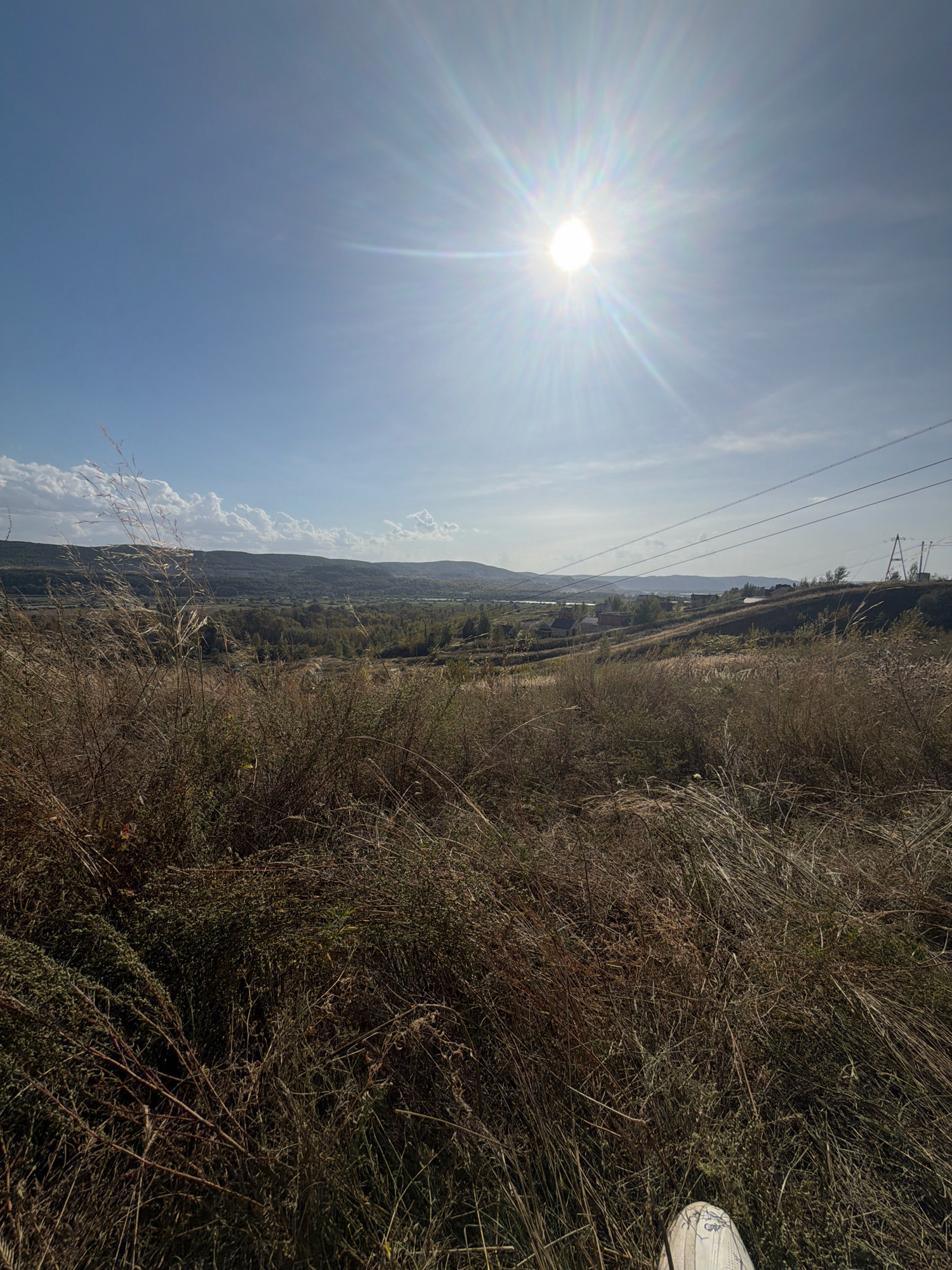 The image depicts a sun-drenched rural landscape, likely situated in Malaya Tsarevschina, Russia. The foreground is dominated by dry, tall grasses and brush, suggesting a dry, possibly autumn or summer season. The sun is high in a clear blue sky, emitting a bright glare that flares across the image. In the middle ground, rolling hills are visible, dotted with scattered trees and some buildings, indicative of a village or settlement. Power lines traverse the scene, stretching across the frame from right to left. The overall impression is one of a peaceful, expansive natural environment with signs of human habitation.