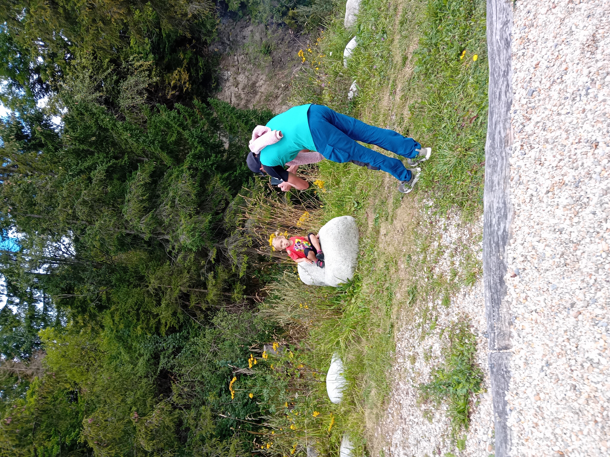 In Zuberec, Slovakia, a young child with blonde pigtails sits on a large, light-colored rock. The child is wearing a red t-shirt with a graphic print and black shorts with red accents, and black and red shoes. Behind the child, a person wearing a turquoise t-shirt, blue cargo pants, and a black cap is taking a picture with a smartphone. A pink blanket or scarf is draped over the photographer's shoulders. The background consists of a dense forest with various shades of green trees and undergrowth, with some yellow wildflowers scattered on the grassy slope. Several large, light-colored rocks are present in the foreground and middle ground. The ground in the immediate foreground is covered with small, light-colored pebbles, with a weathered wooden beam or log separating it from the grassy area.