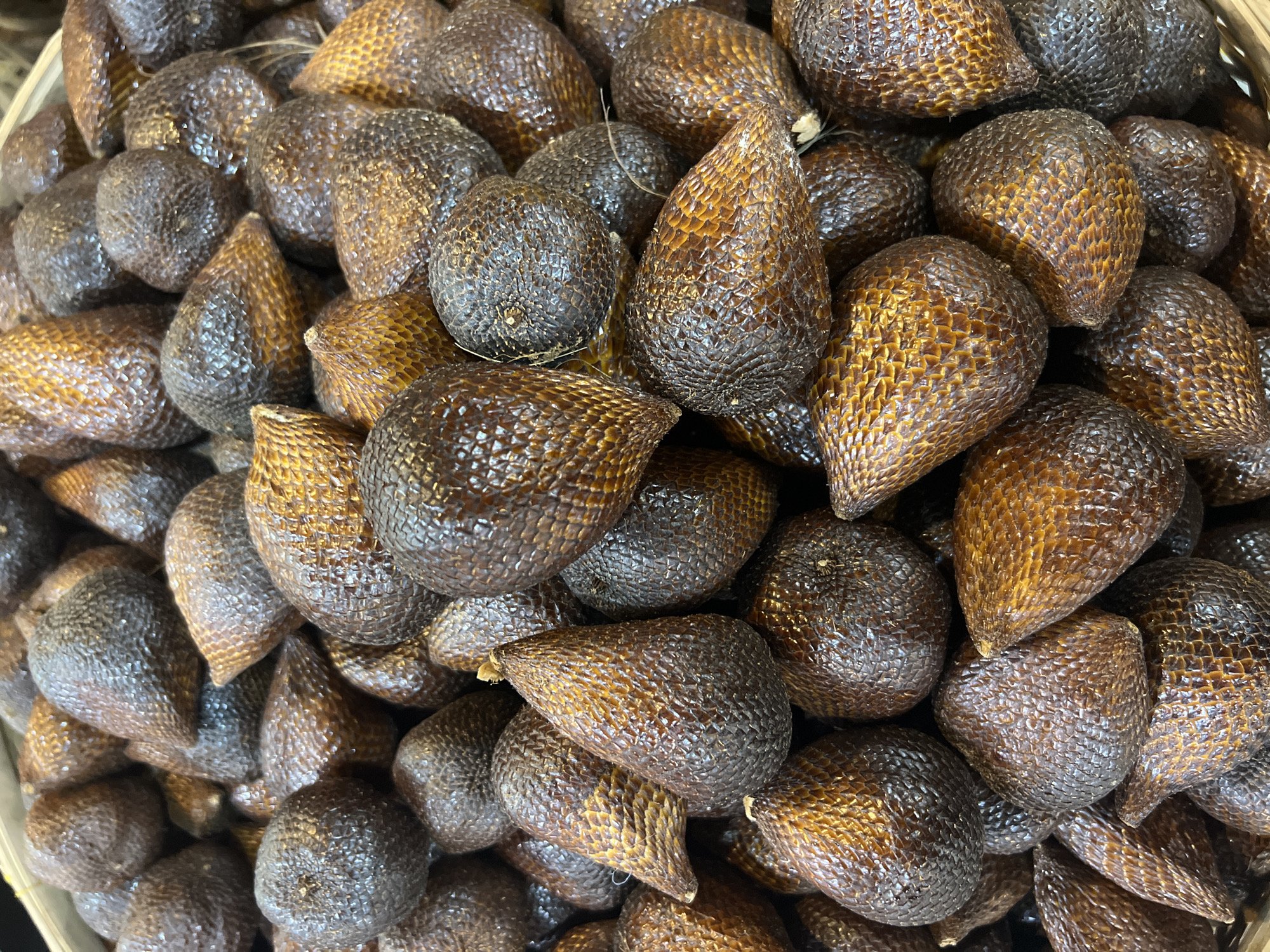 A close-up, top-down shot captures a large pile of Salak fruits, also known as snake fruit, filling the frame. The fruits are predominantly brown, with some exhibiting a reddish-brown hue. Their scaly, textured skin is clearly visible, with individual scales appearing as small, overlapping diamond shapes. Some fruits have a pointed, tear-drop shape, while others are more rounded. The lighting highlights the natural sheen and texture of the fruit skins, creating a rich, earthy palette. The scene suggests a market stall in Sukawati, Indonesia, a location renowned for its traditional markets offering local produce and handicrafts.