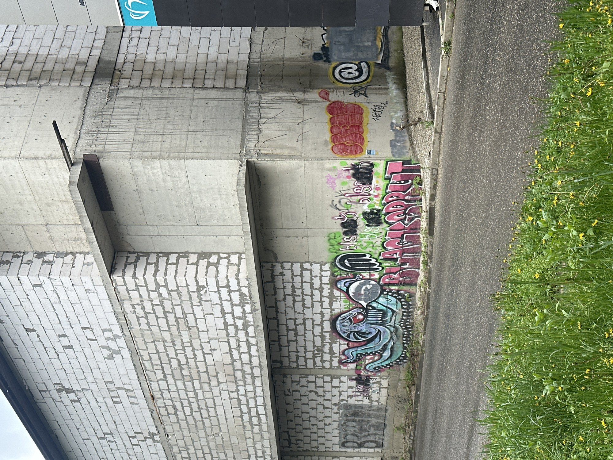 A photograph shows a section of an underpass or bridge support structure alongside a road and grassy area. The structure is constructed of concrete and brick, with various sections showing signs of graffiti. The graffiti includes stylized lettering, cartoonish figures, and abstract shapes in multiple colors. The road is asphalt, and overgrown with vegetation. There are no people visible in the frame. The photograph provides insufficient information to determine the location in the city of Unknown, Unknown.