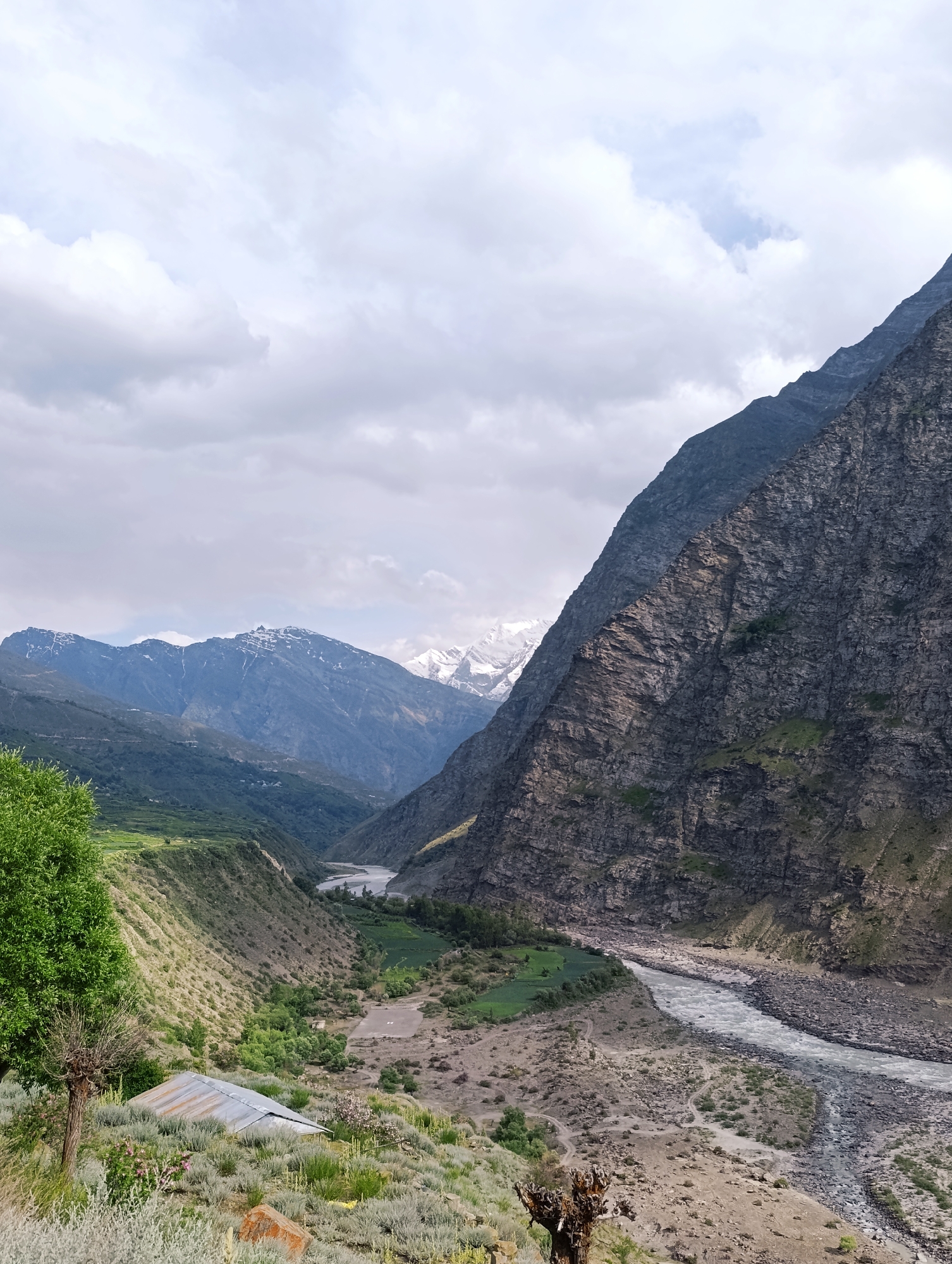 The image depicts a wide mountain valley with a river flowing through it. The valley is flanked by steep, rocky mountains. The mountain on the right is dark and imposing, with visible layers of rock and patches of green vegetation. The mountain range on the left is a lighter blue-gray, with snow-capped peaks in the distance. A river, appearing wide and somewhat turbulent, snakes through the valley floor, bordered by rocky terrain and patches of green, possibly farmland or vegetation. In the foreground, on a grassy slope, a small, rustic structure with a corrugated metal roof is visible, surrounded by low-lying shrubs and a dead tree trunk. The sky is overcast with dramatic clouds. The scene suggests a remote, rugged, and natural landscape, consistent with the mountainous regions of India, such as Kirting. There are no people or active events depicted in the image.