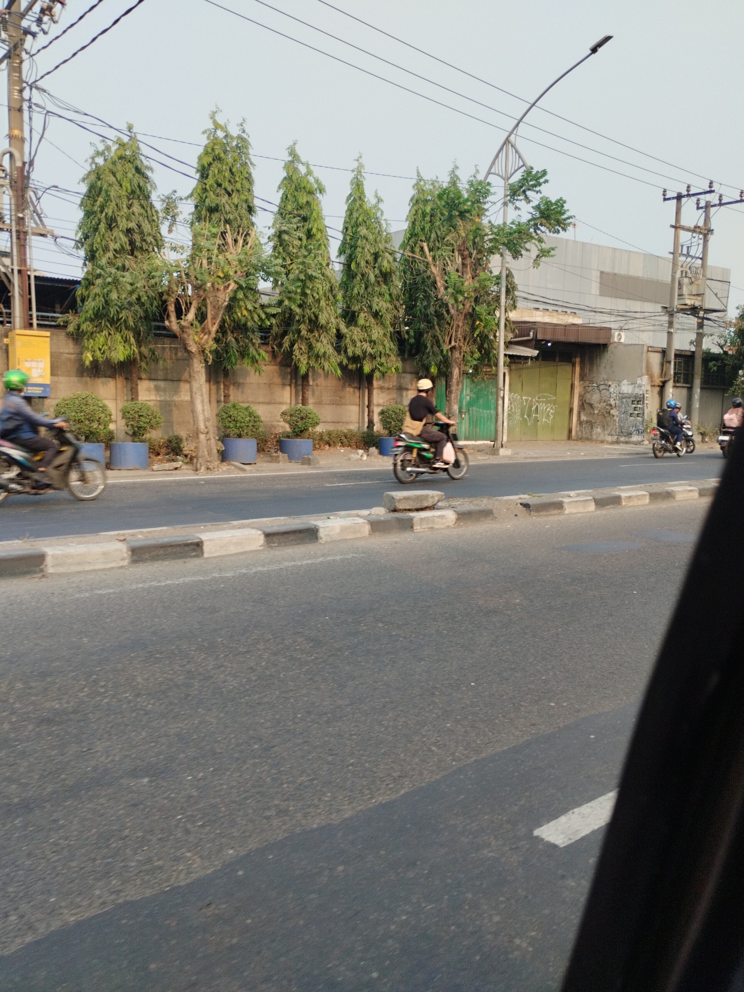 A street scene in Surabaya, Indonesia, shows a row of tall, slender evergreen trees lining a concrete wall. A motorcycle rider wearing a green helmet and a blue jacket is visible on the left side of the frame, moving away from the camera. Further down the street, another person on a motorcycle wears a hat and a dark shirt. In the background, there are buildings, power lines, a streetlight, and more trees. The road surface is asphalt, with a concrete curb and gutter. The sky is a pale blue, indicating it is daytime.