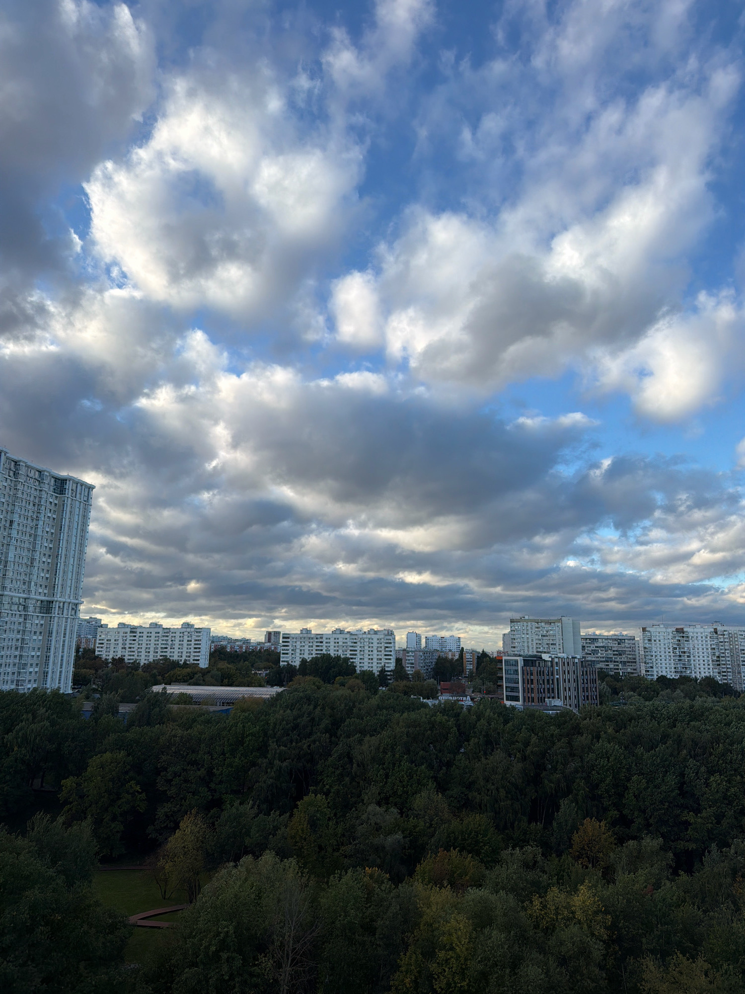 The image captures an overcast sky filled with a mix of white and gray clouds, interspersed with patches of blue. Below the sky, a dense green forest occupies the mid-ground and foreground. In the background, a cityscape is visible, characterized by numerous apartment buildings of varying heights and architectural styles, predominantly white and gray. The tallest building on the left is a modern, multi-story residential complex with numerous windows. The scene is devoid of any people or animals. The overall impression is that of a residential area on a cloudy day. Based on the architectural style of the buildings and the general urban landscape, this scene is likely located in Moscow, Russia.