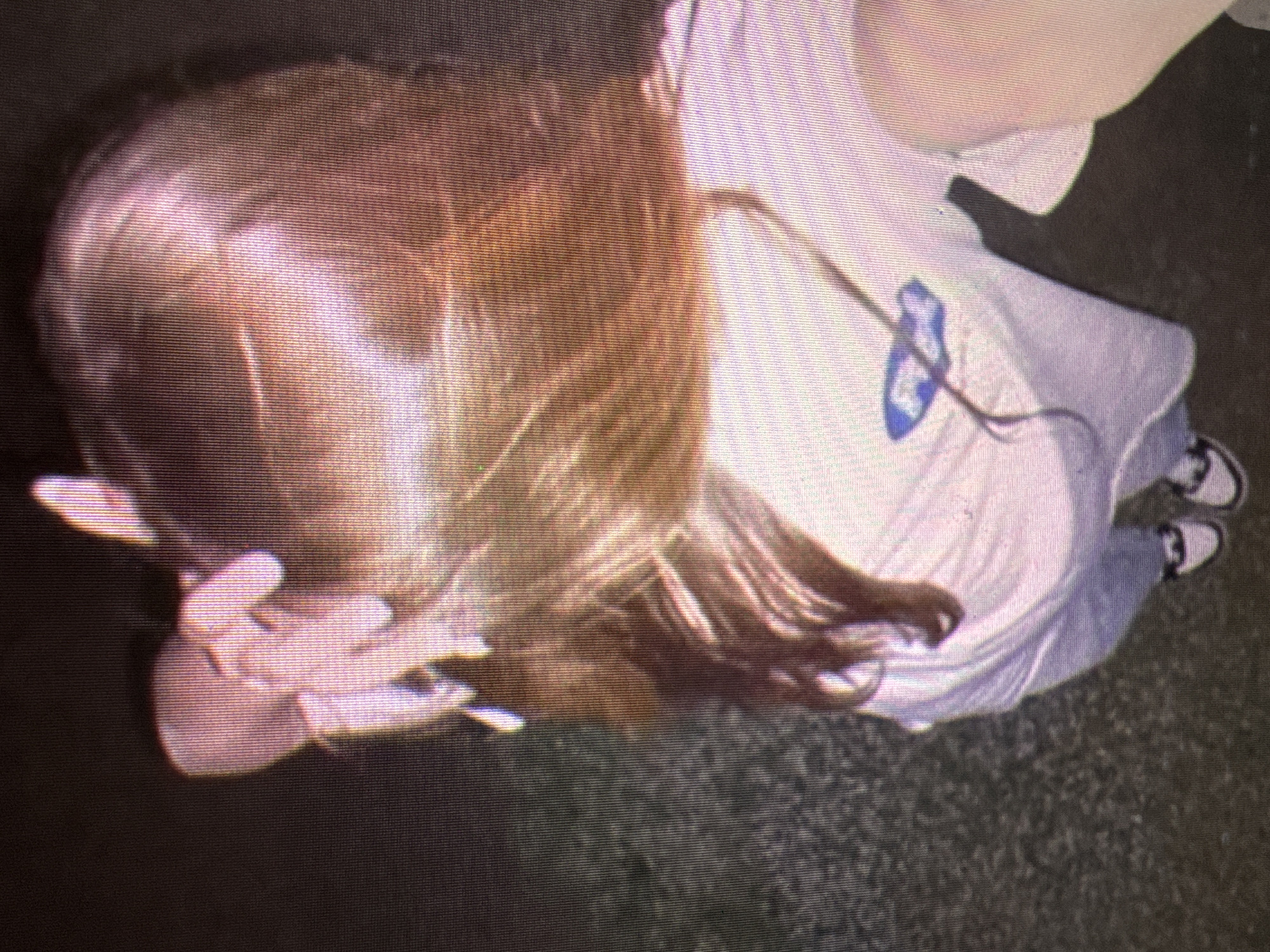 The image shows a person from the back, standing on a grassy surface, likely outdoors. The person has long, reddish-brown hair, partially held back with a pink scrunchie. They are wearing a light-colored t-shirt with a blue fish graphic and light-colored pants. The background is dark and blurred, suggesting low light conditions. The camera perspective is from above, looking down at the person. The image quality is low resolution with visible pixelation. The location in Castelo Branco, Portugal, is not identifiable from the visual information provided in the image.
