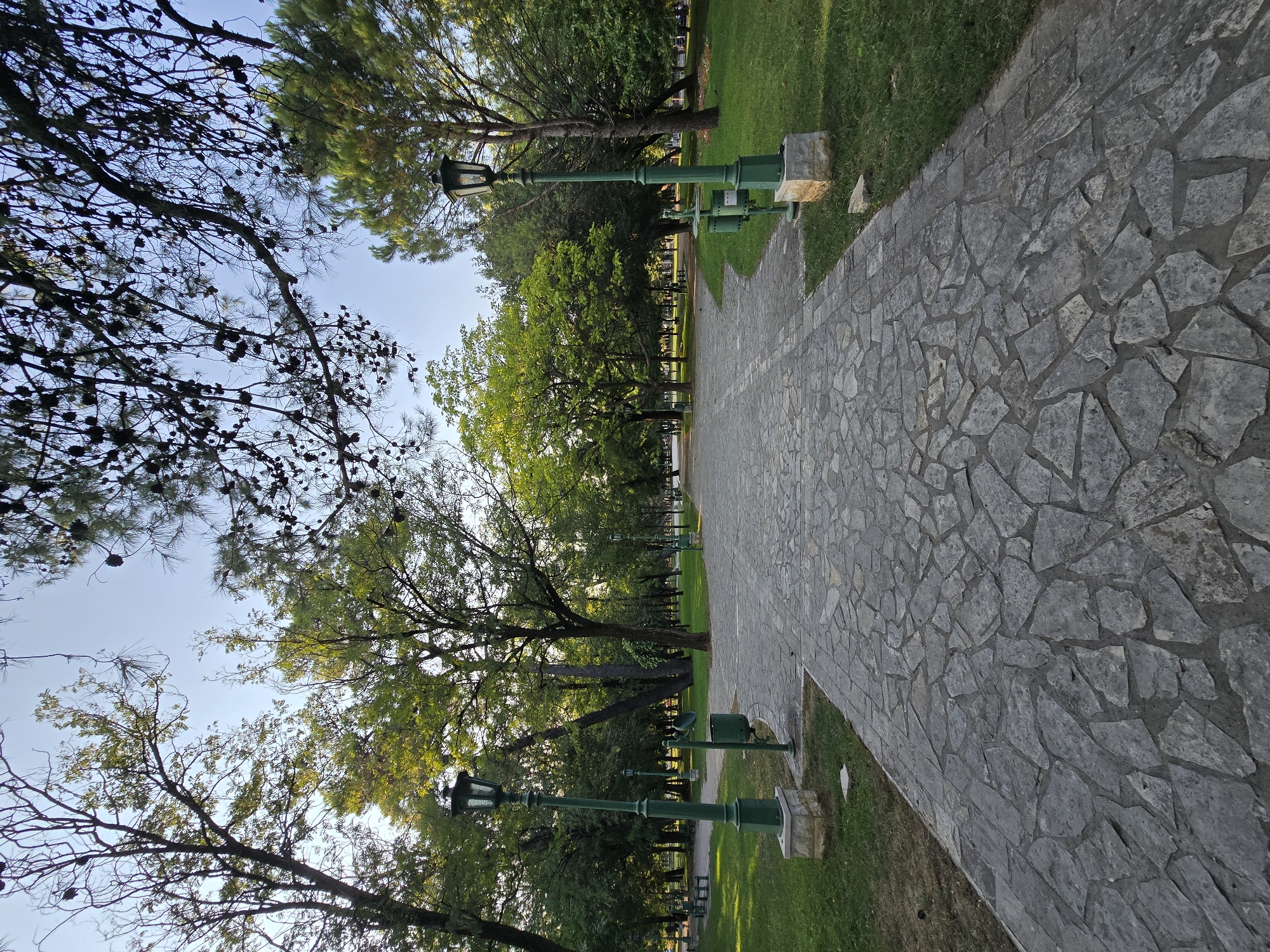 The image depicts a paved pathway in a park, likely in Podgorica, Montenegro. The pathway is constructed from irregular, flat stones, creating a mosaic-like surface. On either side of the pathway, well-maintained green grass lawns are visible. Several ornate, green lampposts stand along the path, some accompanied by trash receptacles. Mature trees with lush green foliage line the park, casting shadows and providing a canopy overhead, with some pine trees featuring visible cones. The sky is clear and a soft blue. In the distance, the pathway continues into the park, hinting at more open spaces and trees. The scene suggests a serene and well-kept public park environment.