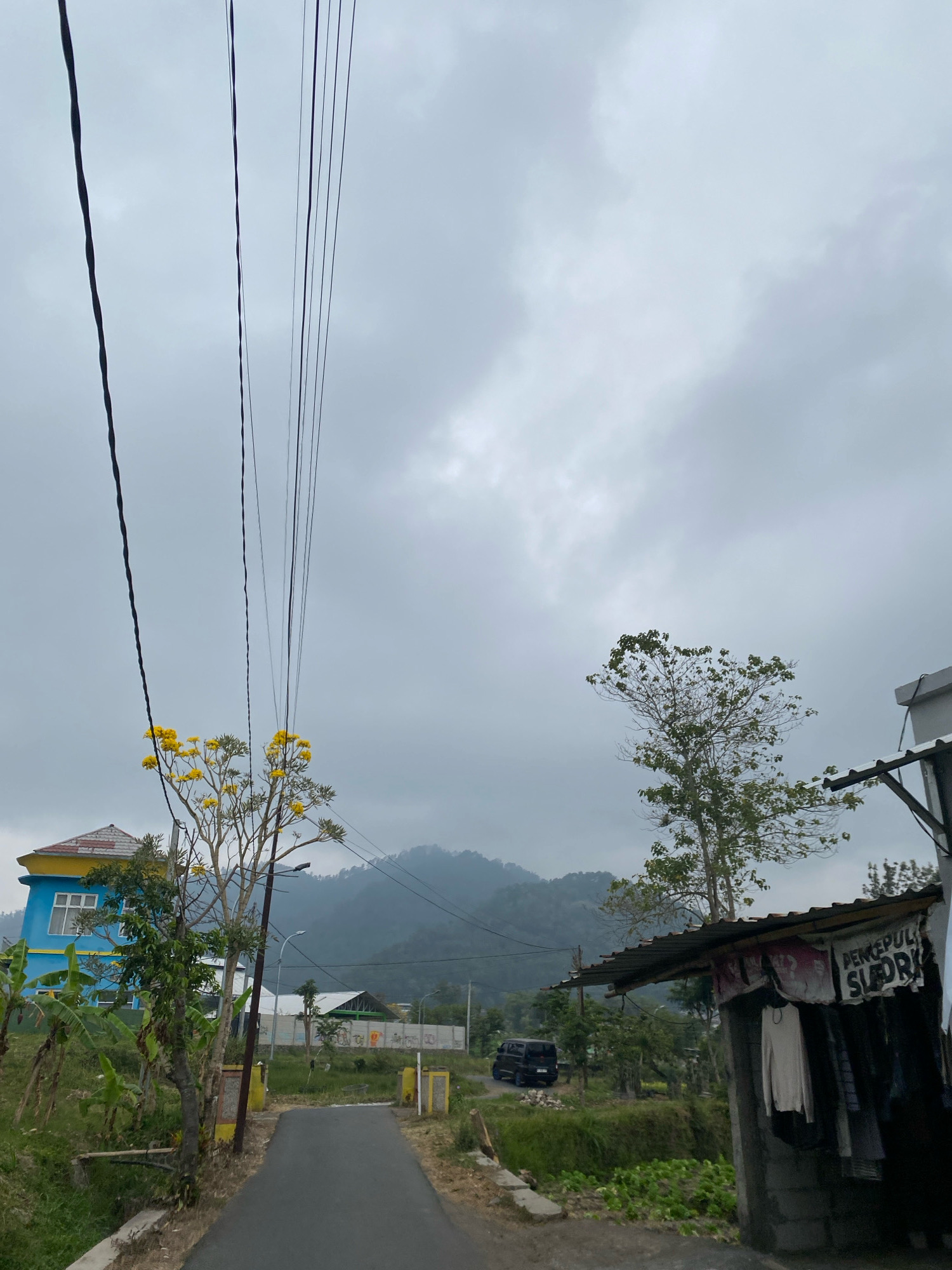 A winding asphalt road leads into a rural landscape under a cloudy sky. On the left, a vibrant blue building with a yellow roof stands behind a tree adorned with bright yellow flowers. To the right, a small, weathered structure with a corrugated metal roof displays clothing hanging from its front. In the mid-ground, a black van is parked on the side of the road. Rolling hills covered in foliage form the backdrop, shrouded in a hazy atmosphere. Utility wires crisscross the sky, dominating the upper portion of the frame.