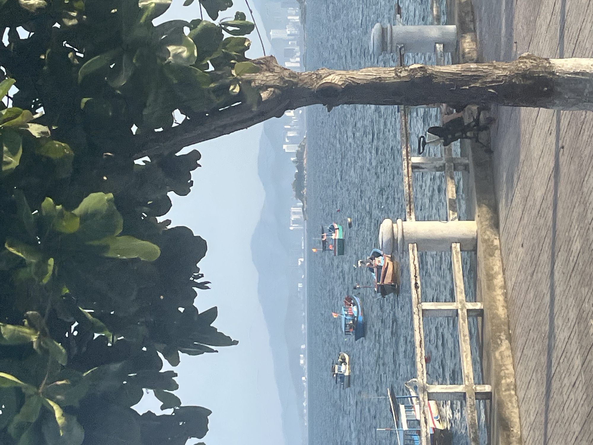The image depicts a waterfront scene in Nha Trang, Vietnam, likely taken from a promenade or elevated walkway. In the foreground, a wooden boardwalk runs diagonally from the bottom left to the bottom right, with a concrete structure and railing separating it from the water. Behind the railing, several small fishing boats are anchored in the calm blue water. A tree with large green leaves partially obscures the top of the image. In the background, distant mountains are visible, with a cityscape of tall buildings nestled along the coastline. The sky is a pale blue, suggesting a clear day. A single, unoccupied black chair on wheels is visible on the walkway behind the railing. No people are clearly visible in the image.
