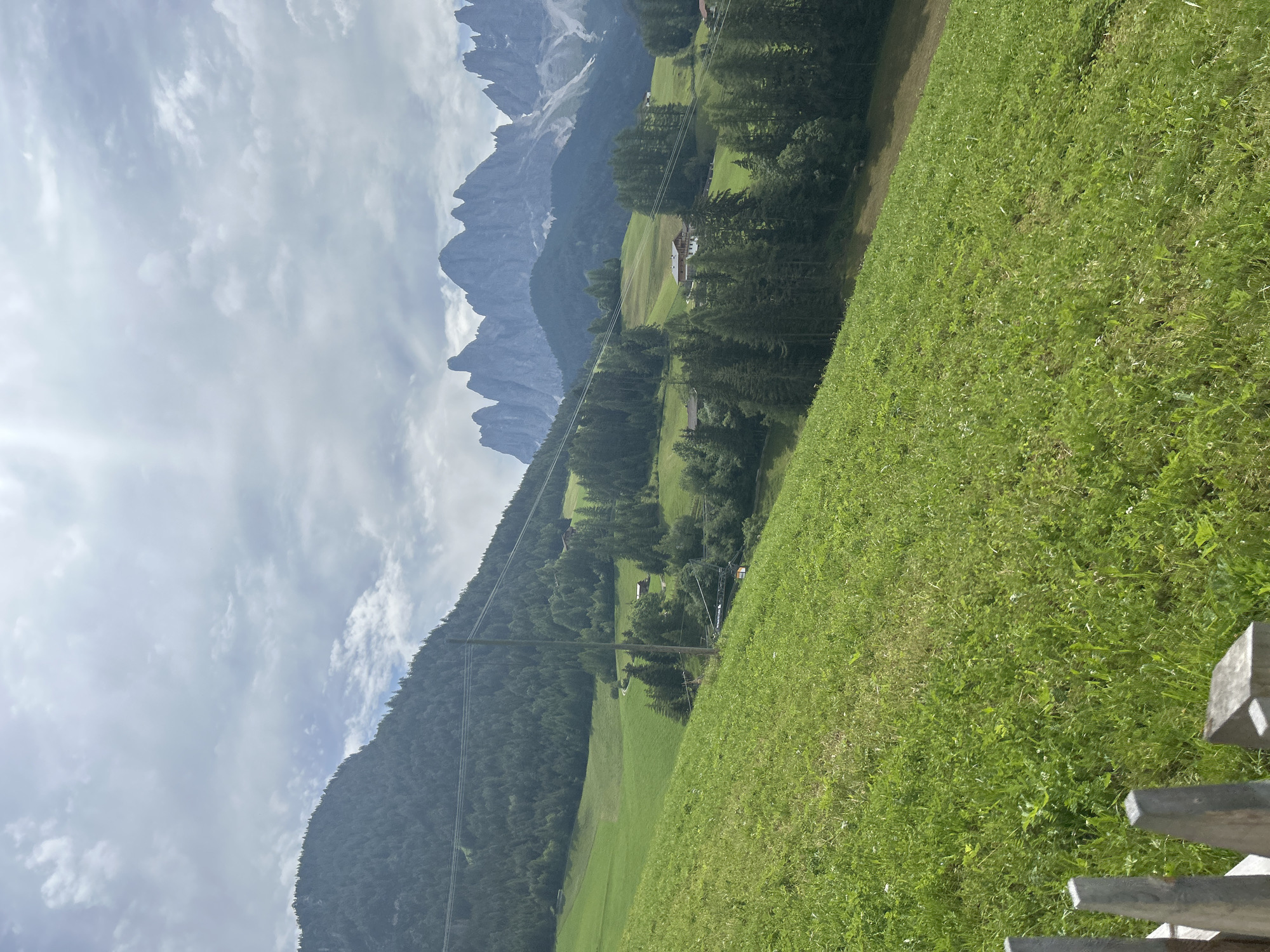 This image depicts a verdant mountain landscape under a cloudy sky. In the foreground, a lush green hillside slopes upwards, covered in thick grass. A partial view of a wooden fence is visible at the bottom left. Further into the scene, the landscape transitions to rolling hills dotted with scattered trees and a few houses. The middle ground features a line of trees, and a power line with poles runs across the image. In the background, a majestic mountain range with jagged peaks rises sharply against the sky. The overall impression is one of a tranquil, natural environment.