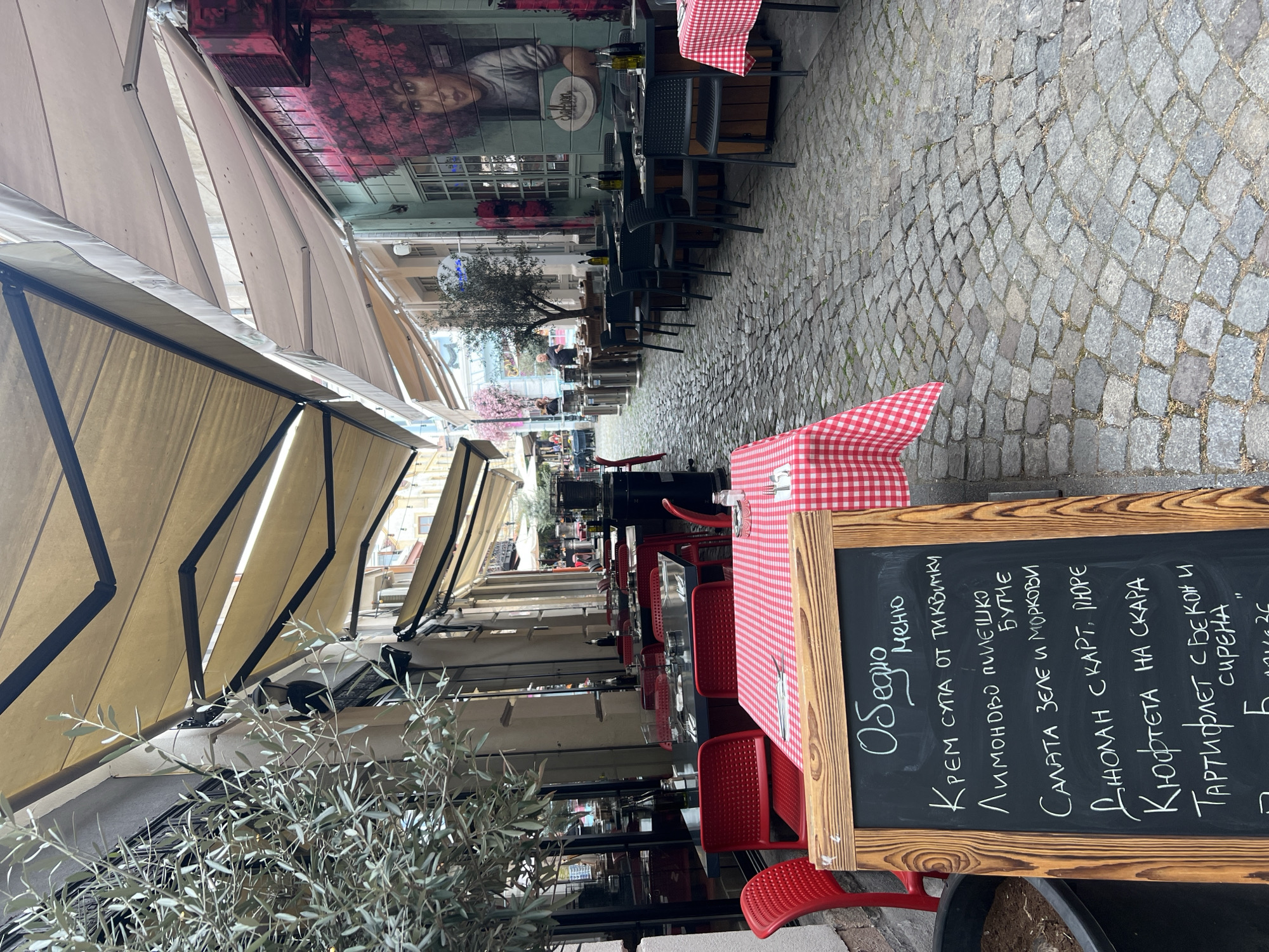 The image shows an outdoor dining area along a narrow street in what is likely the city of Plovdiv, Bulgaria. The view is from the street looking down a line of restaurants. The street is paved with light gray cobblestones. Restaurant seating occupies both sides of the street. Tables are set with red and white checkered tablecloths. A chalkboard menu stands to the right, listing the lunch menu in Bulgarian. Cream of zucchini soup, lemon chicken thigh, cabbage and carrot salad, pork knuckle with mashed potatoes, grilled meatballs, and tartiflette with bacon and cheese. A mural of a woman's face adorns a building in the background. Awnings cover much of the seating area. Olive trees are planted in pots near the restaurants.