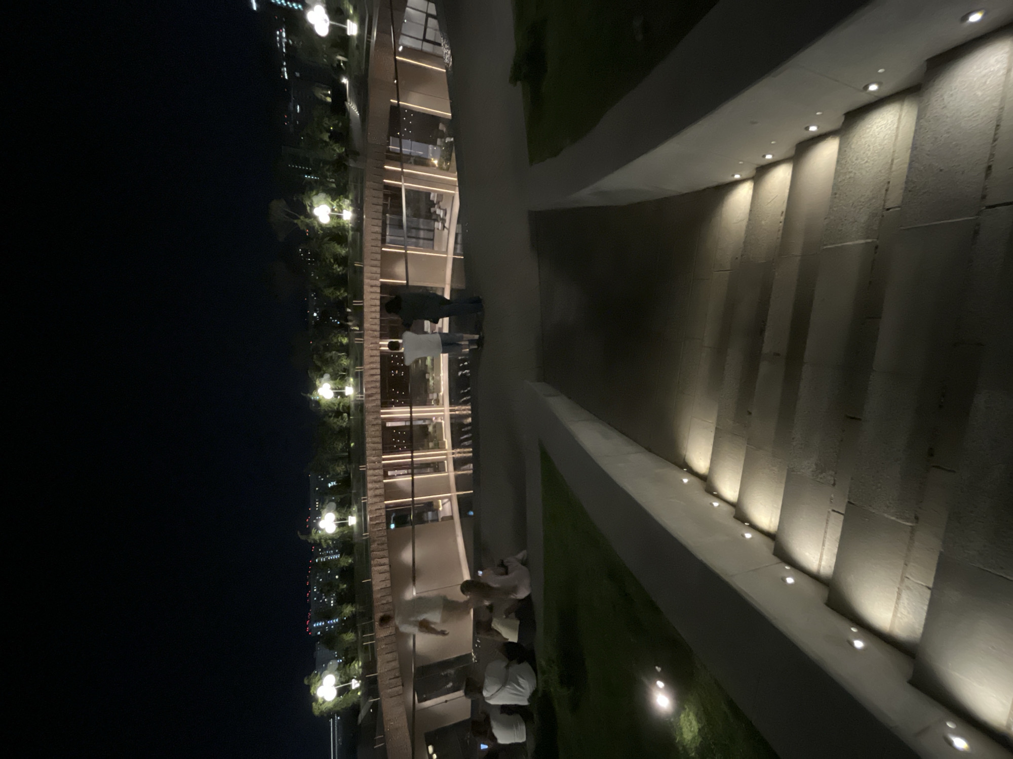 The image shows an outdoor scene at night, likely in a park or public space in Krasnodar, Russia. A wide stone staircase with integrated lighting descends from the foreground towards a modern building with a glass facade. Several people are visible on a terrace above the building, including a man in a white shirt walking away from the camera, and two individuals standing together and looking out. In the mid-ground, a group of people are seated on the ground near a grassy area with ground lights. Beyond the terrace, trees and city lights are visible in the background, suggesting an urban setting. The overall atmosphere is dimly lit and tranquil.
