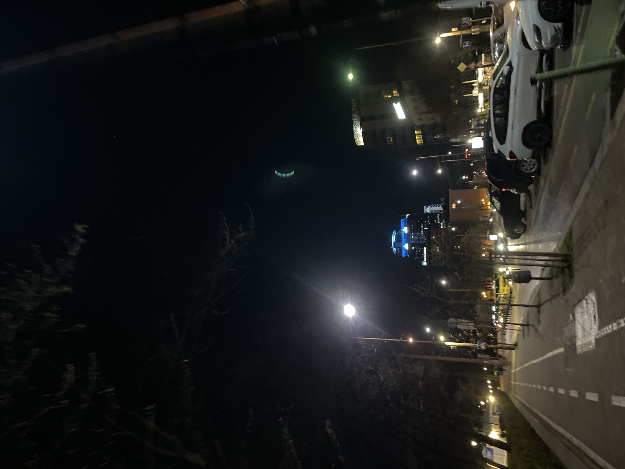 The image depicts a nighttime scene in Sofia, Bulgaria. A street stretches into the distance with streetlights illuminating the path. On the right side of the street are parked cars, including a white car and a darker colored one. A building with bright blue lights is visible further down the street. Trees with bare branches are present on the left side of the frame, adding depth to the image. There appears to be a hotel named "Hotel Central Park" on the left. The scene suggests an urban environment during the night.