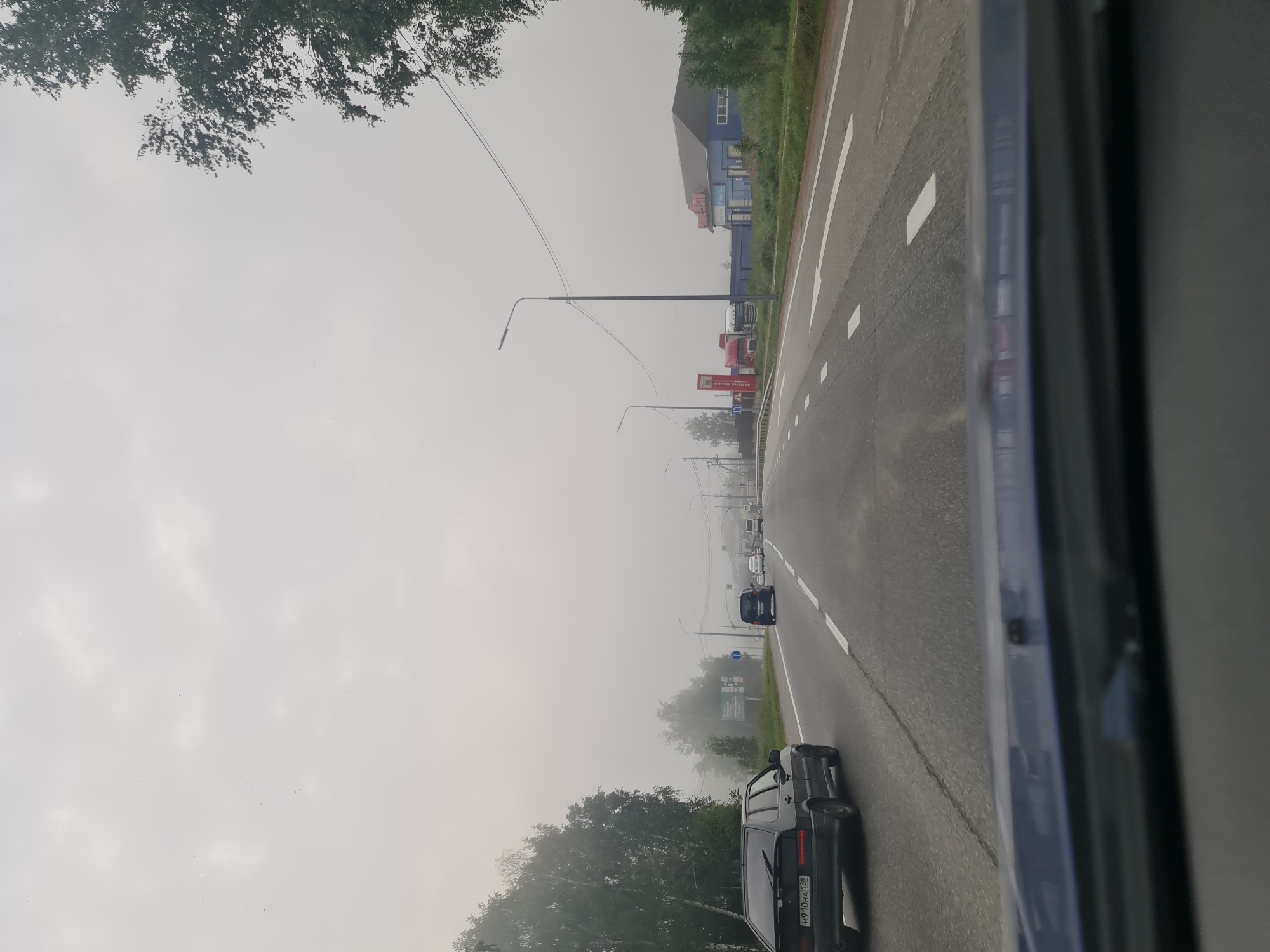 The image shows a cloudy, overcast day on a highway outside of Vdovina, Russia. The perspective is from inside a vehicle looking forward. Several cars are visible on the road, including a black sedan in the left lane and a dark minivan in the right lane. Trees line both sides of the road, with fog obscuring the distant landscape. A blue building with a red sign, possibly a store or business, is visible on the right side of the road. A red fuel pump is also present on the right. Traffic lights and streetlights are visible along the highway. The road is paved and marked with white lines, indicating multiple lanes of traffic.