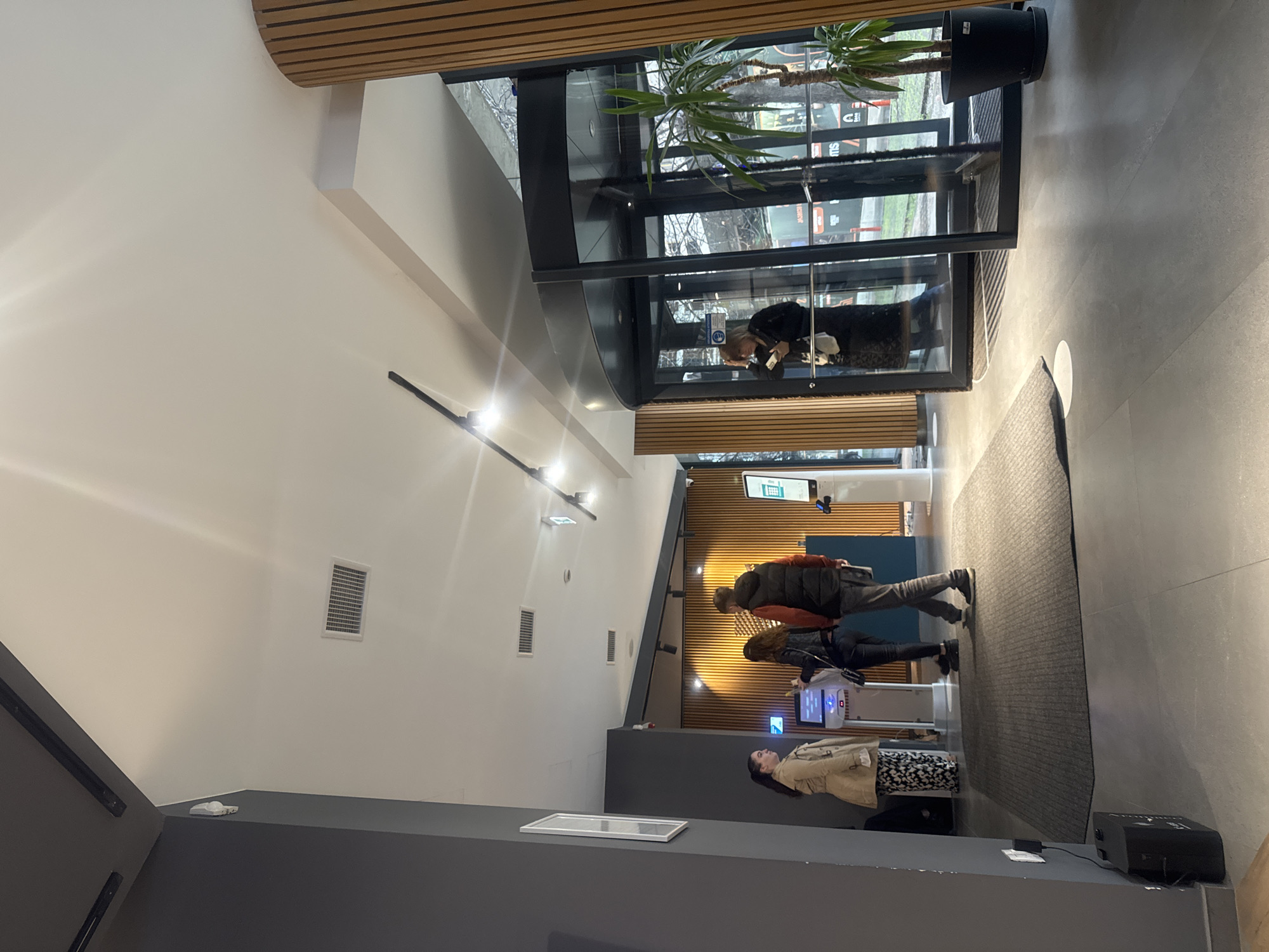 **Setting:** The image depicts an indoor scene, likely a lobby or entrance area of a building. The architectural style is modern with a mix of neutral and warm tones. The location is Tbilisi, Georgia.
**People:** There are several individuals present. One person is in a revolving door. Two individuals are standing near a self-service kiosk or terminal. There is another person that seems to be in line behind them.
**Objects:** Key objects include a revolving door with plants near it, a rug, self-service kiosks/terminals with screens, and lighting fixtures on the ceiling. There is a small object on the floor in the lower left corner.
**Actions:** People are interacting with the self-service kiosks, possibly checking in or purchasing tickets. Another person is entering or exiting the building through the revolving door.
**Environment:** The building has high ceilings, modern lighting, and a mix of materials including wood and concrete. There is an emphasis on a clean, modern aesthetic.