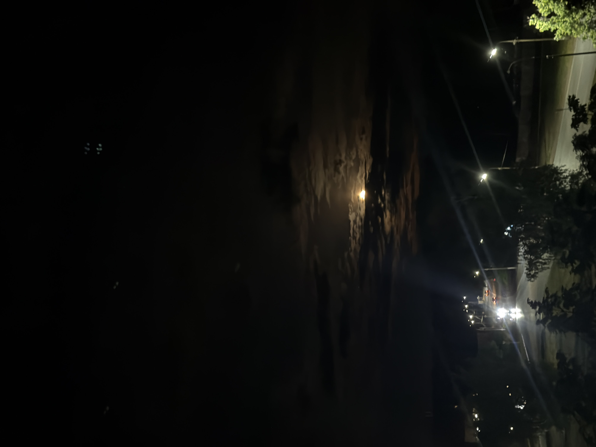Here is a detailed description of the image:
The image depicts a nighttime scene, likely in a residential area of Chaikovsky, Russia, based on the streetlights and general aesthetic.
**Environment:** The setting is dark with streetlights illuminating a road. There are trees along the road. The sky has clouds, with a light source (presumably the moon) visible through them.
**Objects:** Streetlights are visible along the road. Cars appear to be present on the road, indicated by their headlights. Trees line the sides of the road.
**Action:** The scene appears static, with the implication of vehicular traffic on the road due to the presence of headlights. The main light source is the moon, possibly partially obscured by clouds.
**Overall impression:** The image conveys a calm and quiet atmosphere of a residential street at night in Chaikovsky.