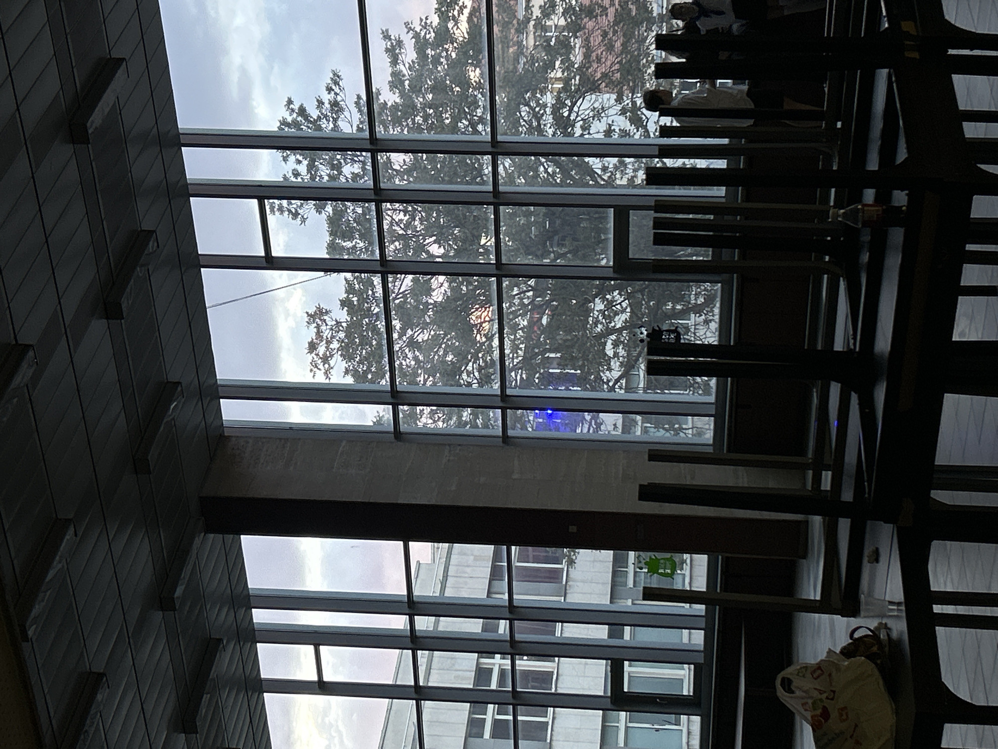 The image depicts an interior view through a large grid of windows, possibly a skylight or glass facade. Outside, trees are visible along with a neighboring building. The foreground is dominated by a dark structure with multiple horizontal bars, potentially part of the building's interior design or support system. A few people are visible in the upper-right corner. There is a bag on the ground. Given the architecture and overall appearance, it is likely that this image was taken in the city of Sofia, Bulgaria.