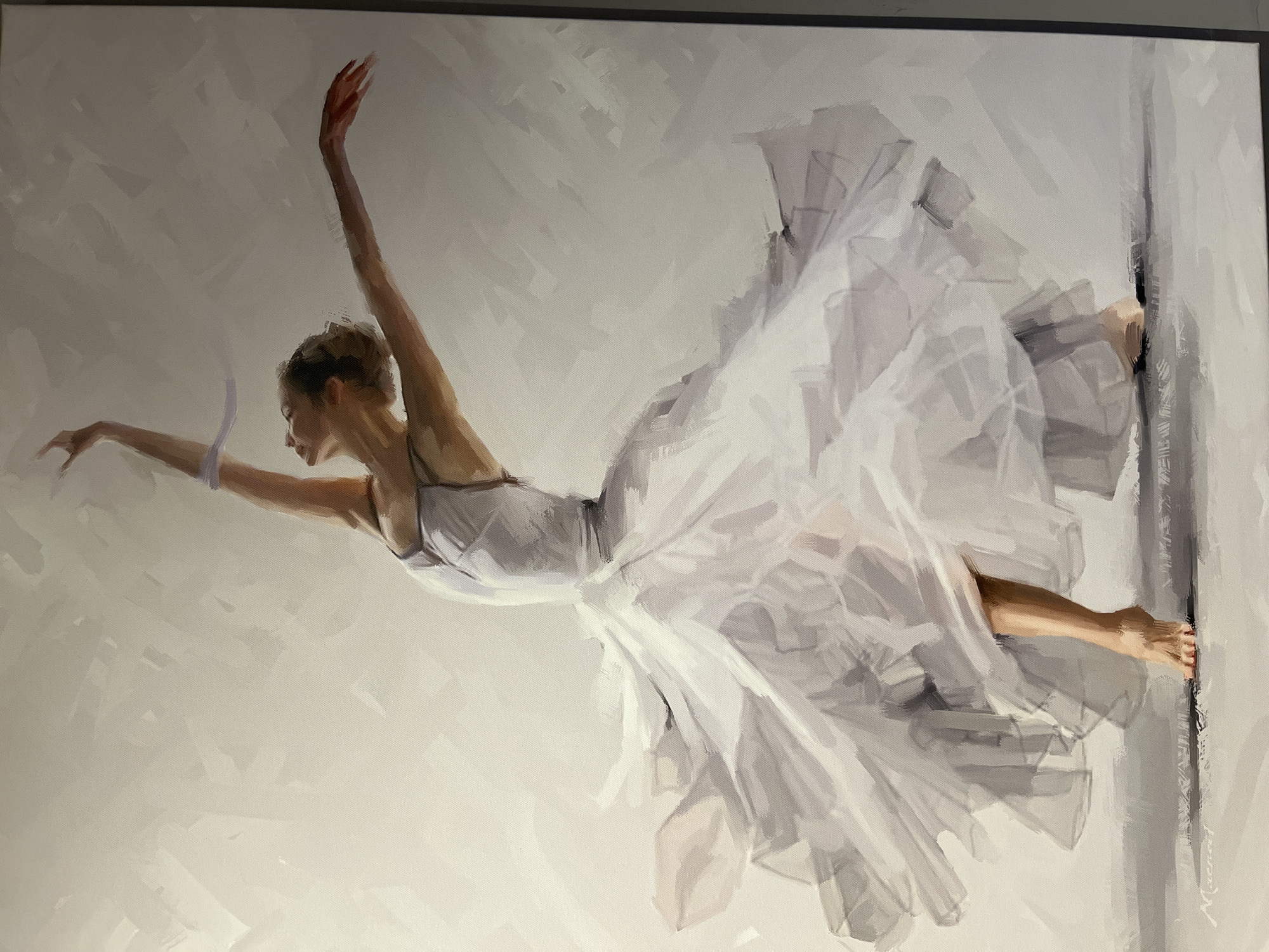 The painting depicts a ballet dancer in mid-performance. She is wearing a white tutu and leotard, with her arms extended upwards and outwards, in a graceful pose. Her body is angled to the side, and her head is tilted back, with her gaze directed upwards. The dancer's skirt is spread out around her, creating a dynamic sense of movement. The background is a plain, muted gray, which emphasizes the dancer and her costume. The painting is rendered in a loose, impressionistic style, with visible brushstrokes that add texture and depth to the artwork. There is a signature in the bottom left corner which appears to read "Macrivec". There is no information in the image that would indicate its location in the city of Kharkiv, Ukraine.
