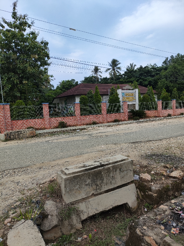 This image presents a static, daytime scene along a roadside in what appears to be a rural or semi-rural area of Kecamatan Selagai Lingga, Indonesia. The sky is partly cloudy, casting an even light over the landscape.
In the mid-ground, a single-story building stands behind a distinctive fence. The building features a reddish-brown tiled roof and light-colored walls, possibly stone or painted concrete. The fence consists of a red brick base topped with a black metal railing, adorned with small, dark, conical evergreen plants strategically placed in front of the metalwork. Blue accents are visible on the fence pillars. Centered behind the fence and in front of the building is a rectangular sign with a yellow or light-colored background and a dark frame. The text on the sign is unreadable due to the distance and resolution, but it appears to be a combination of Arabic and possibly Latin script, suggesting a local institution or business. Lush green trees, including tall leafy species and distant palm trees, densely surround the building and form a verdant backdrop.
The foreground features a narrow road, which appears to be a mix of asphalt, gravel, and dirt. Along the immediate roadside, two large, weathered concrete blocks lie horizontally, partially obscuring a ditch filled with debris and overgrown weeds. Other smaller, broken concrete pieces are scattered nearby. Overhead, several utility lines, likely power or communication cables, stretch across the sky, with a street light attached to one of the poles.
The scene is devoid of people, depicting a quiet moment in a tropical setting characterized by abundant vegetation and modest infrastructure. No specific activity or event is taking place.
