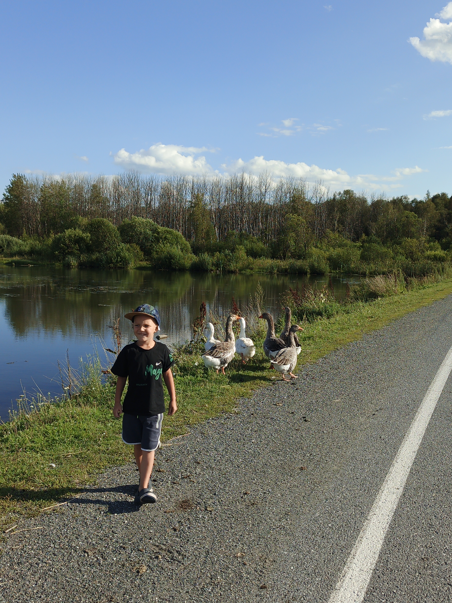 A young boy wearing a black t-shirt, grey shorts, and a blue and green camouflage baseball cap walks along a gravel path next to a body of water. He is smiling and looking towards the viewer. Behind him, a flock of domestic geese are gathered on the grass by the water's edge. The background features lush green trees and a bright blue sky with scattered white clouds. The scene appears to be a scenic natural area, possibly a park or a nature reserve, located in the city of Maly Berdyaush, Russia.