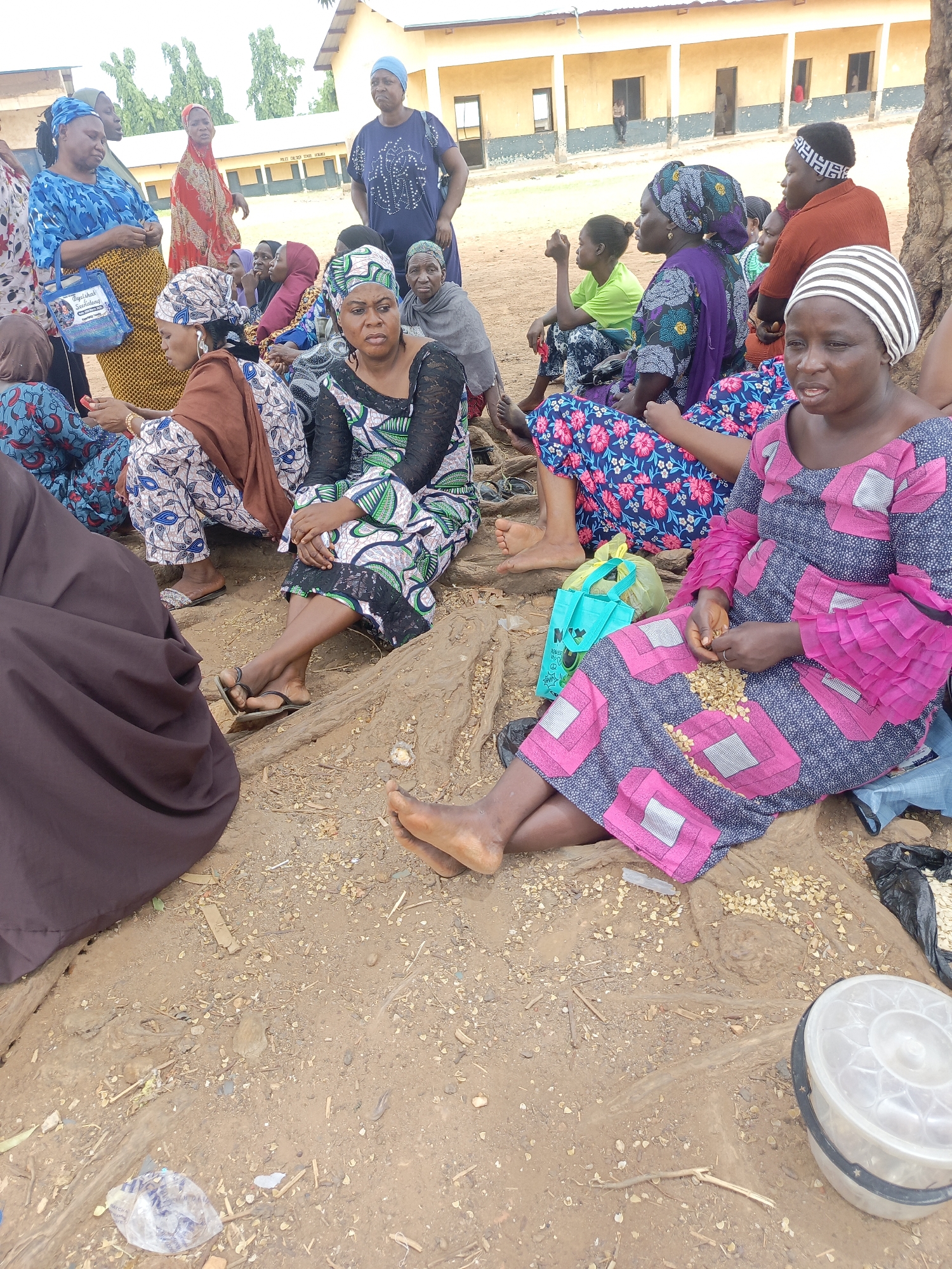 A group of women are seated on the ground in an outdoor area in Akwanga, Nigeria. They are wearing various colorful, patterned clothing and head coverings. One woman is wearing a blue and pink dress with pink ruffled sleeves and is holding what appears to be seeds in her hand. There is a plastic container and a bag next to her. The ground is dirt and exposed tree roots are visible. In the background, there is a building. Some of the women are talking to each other.