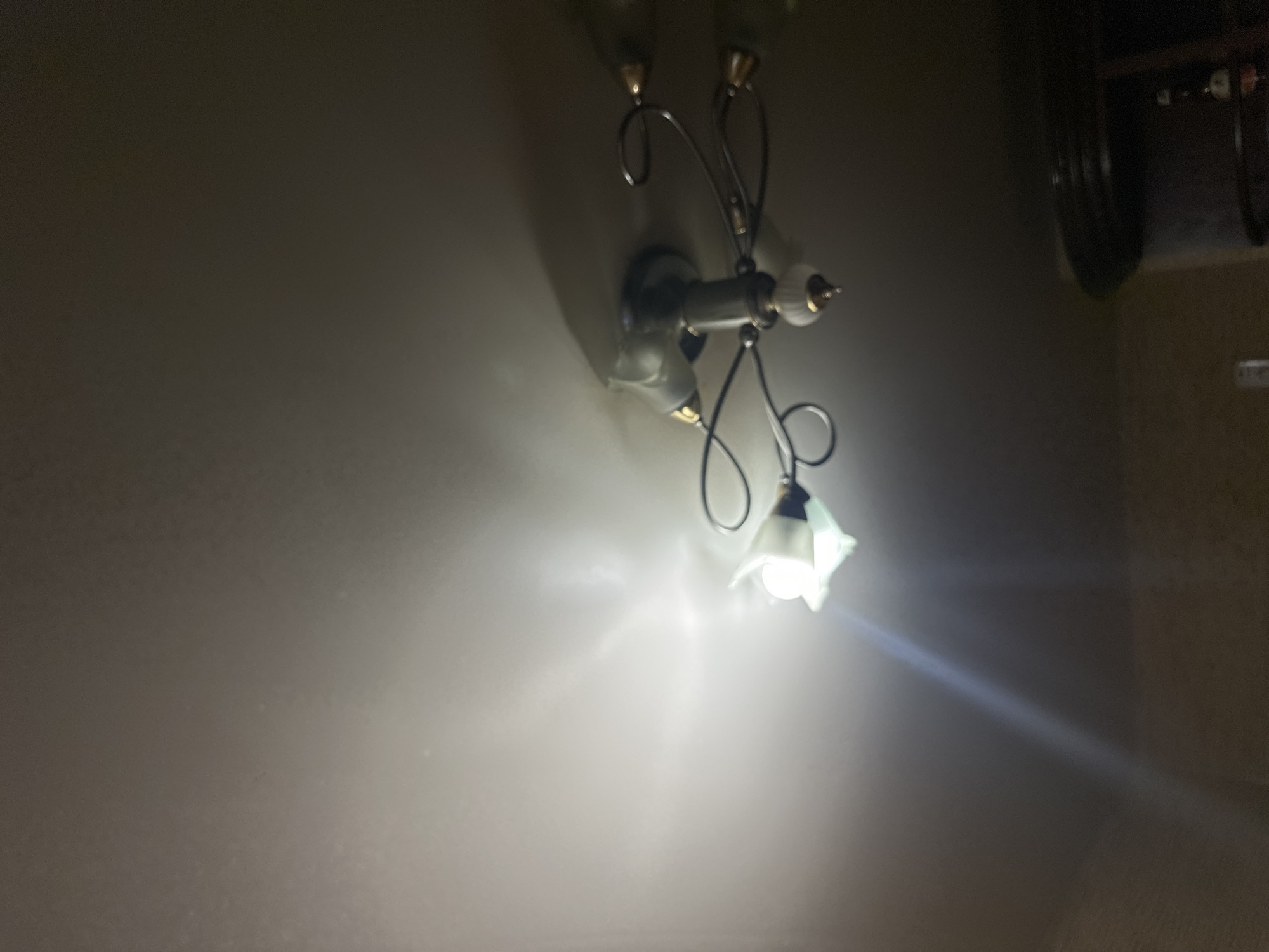 The image shows a close-up of a ceiling with a chandelier. The chandelier has a central white fixture with a gold-colored accent, from which several metallic arms extend, each holding a decorative light fixture with a gold-colored cap and a white glass shade. One of the light bulbs is illuminated, casting a bright light onto the white ceiling. The light creates a hazy glow and some lens flare. The overall environment appears to be indoors, in a room with a neutral-colored ceiling. No people or specific actions are visible. The image does not provide any information that could definitively place it in Aleksandrovka, Russia, or any other specific city.