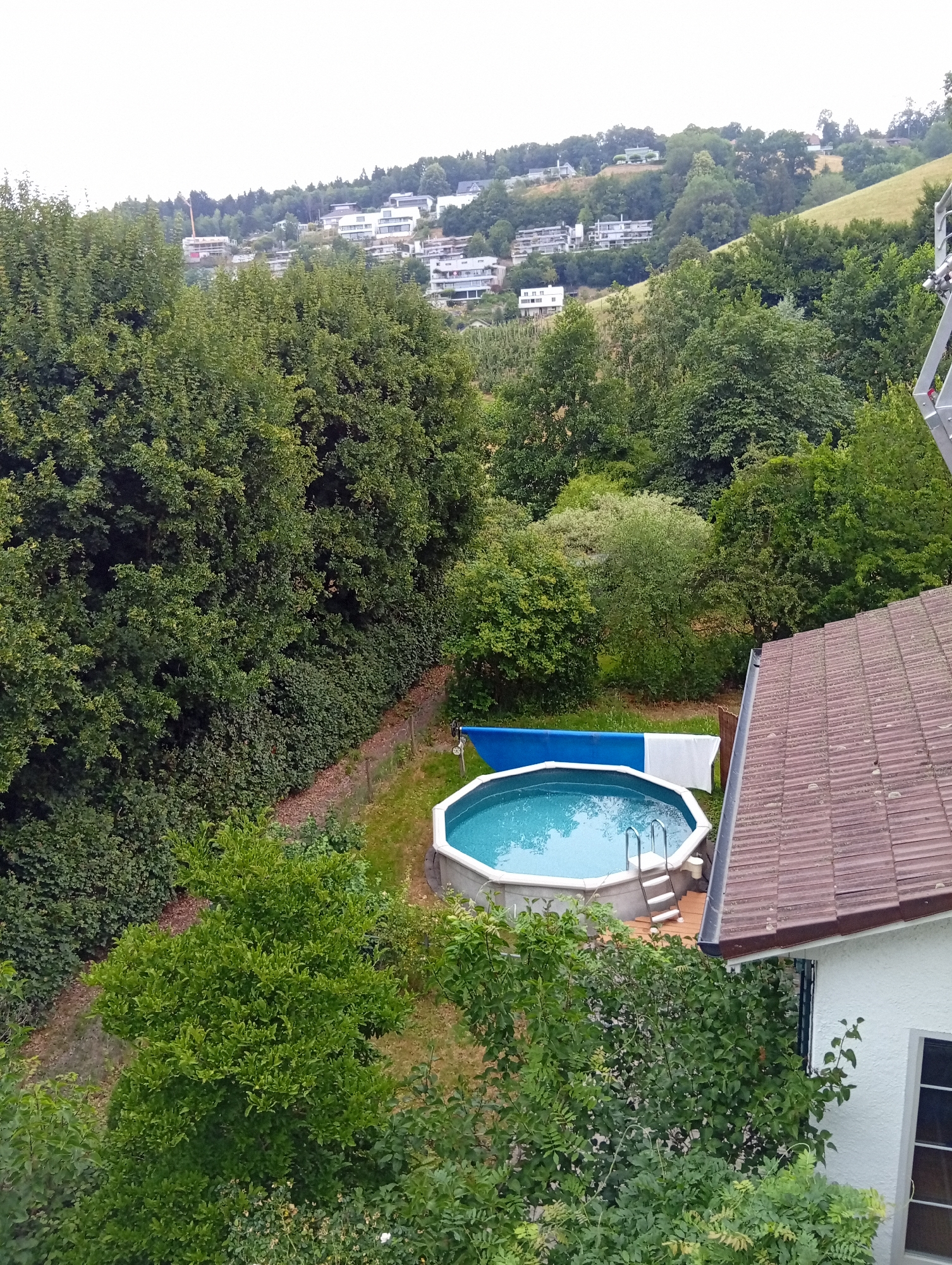 The aerial, high-angle, medium shot shows a backyard with a round, above-ground swimming pool. The pool is filled with blue water and has a silver ladder with white steps. A blue tarp and a white towel are draped over the side of the pool. To the right of the pool is a portion of a white house with a brown tiled roof. Dense green trees and bushes surround the pool and house. In the background, a hillside is visible with several modern white buildings interspersed with trees. A narrow dirt path runs along the edge of the trees and grass, leading past the pool. The sky is overcast and white. The image appears to be taken from a height, possibly a balcony or higher floor of a building, overlooking the property. This scene is located in the city of Zofingen, Switzerland.