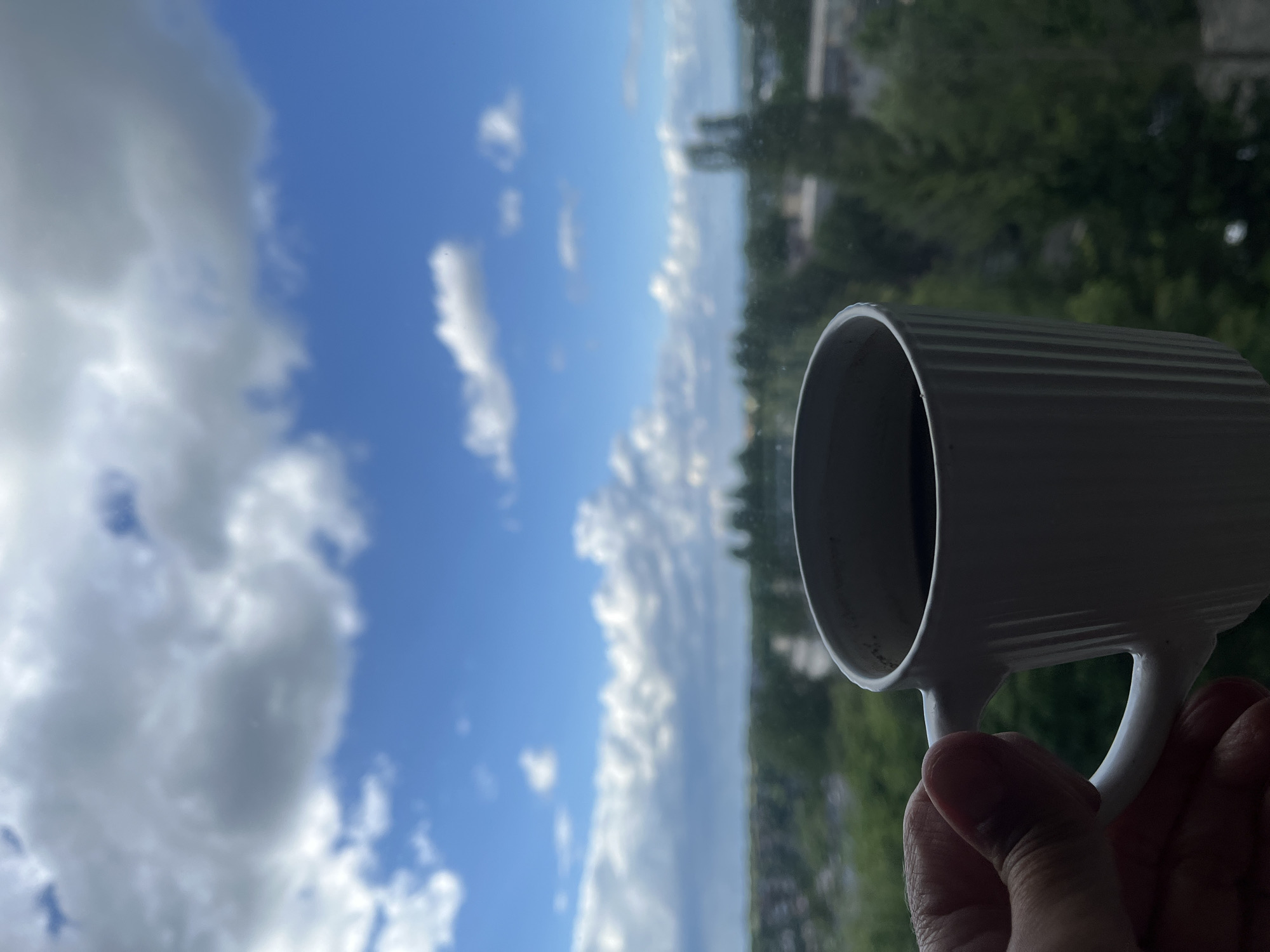 A hand holds a white mug, which contains a dark liquid, possibly coffee or tea, in front of a blurred background. The mug has a ribbed texture and a handle. The hand is positioned on the right side of the frame, partially obscuring the mug. The background is a blend of a bright blue sky with white clouds on the left and a green, out-of-focus landscape on the right, suggesting trees and possibly buildings. The image is oriented vertically, as if taken looking up or from a high vantage point. The lighting suggests it is daytime, likely morning or afternoon, with the sun illuminating the sky and clouds. No text is visible in the image.