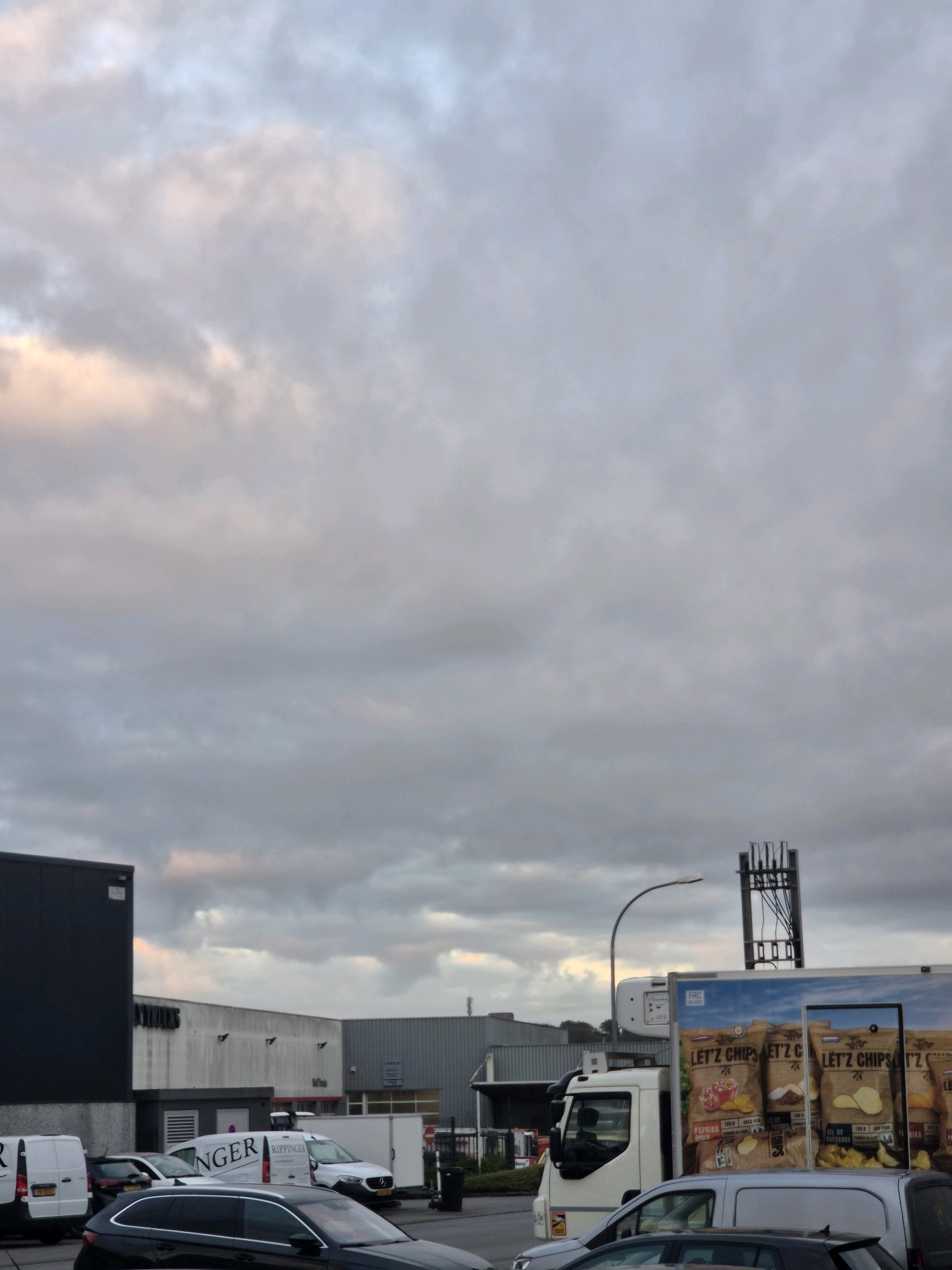The image captures a commercial area in Leudelange, Luxembourg, under a cloudy sky. In the foreground, a black station wagon is parked. Behind it, a silver van is visible. Further back, a white delivery truck with the branding "RIPPINGER" is parked. To the right of the truck, a larger white truck is parked, adorned with large advertisements for "LET'Z CHIPS" potato chips, featuring images of various chip flavors like paprika. In the background, industrial buildings and a tall metal structure resembling a cell tower are visible. The overall scene suggests a logistics or distribution hub.