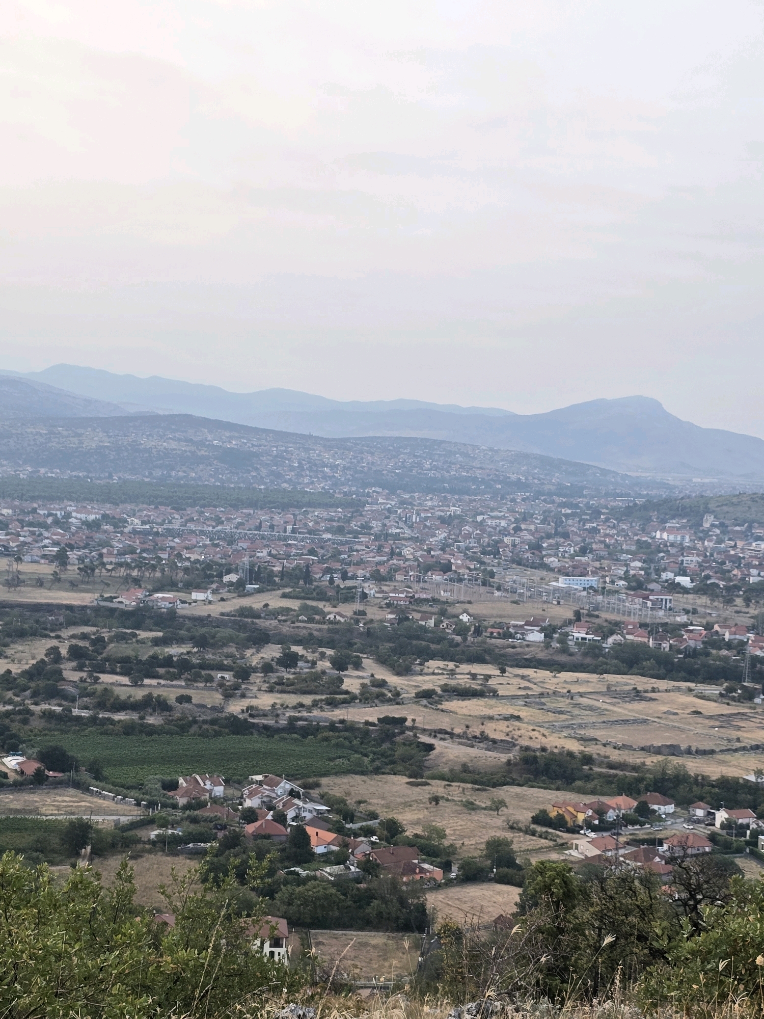 The image presents a wide-angle, elevated view of a sprawling urban and semi-rural landscape, likely depicting a part of Podgorica, Montenegro, from a higher vantage point. The foreground is dominated by dry, overgrown vegetation and some leafy green bushes.
In the midground, a collection of residential buildings with red-tiled roofs are scattered across a relatively flat terrain. These houses vary in size and architectural style, with some appearing to be single-family homes and others grouped more closely. Adjacent to these houses, patches of cultivated land, possibly vineyards or fields, are visible, characterized by lush green rows. Interspersed with the residences and agricultural areas are trees, some appearing as scattered individuals and others forming denser clusters. Evidence of infrastructure, such as power lines and what appear to be substations or industrial structures with metal scaffolding, are also present in this zone.
The background reveals a densely populated urban area, with a vast number of buildings packed together, again predominantly featuring red roofs. This urban expanse stretches towards distant, hazy mountains that form the horizon. The mountains are layered in shades of blue and grey, suggesting a significant distance and possibly atmospheric conditions like fog or mist. The sky above is overcast, with soft, diffused light. There are no visible people or distinct actions occurring in the scene. The overall impression is one of a city integrated with its natural surroundings, showing both developed residential areas and agricultural or undeveloped land.