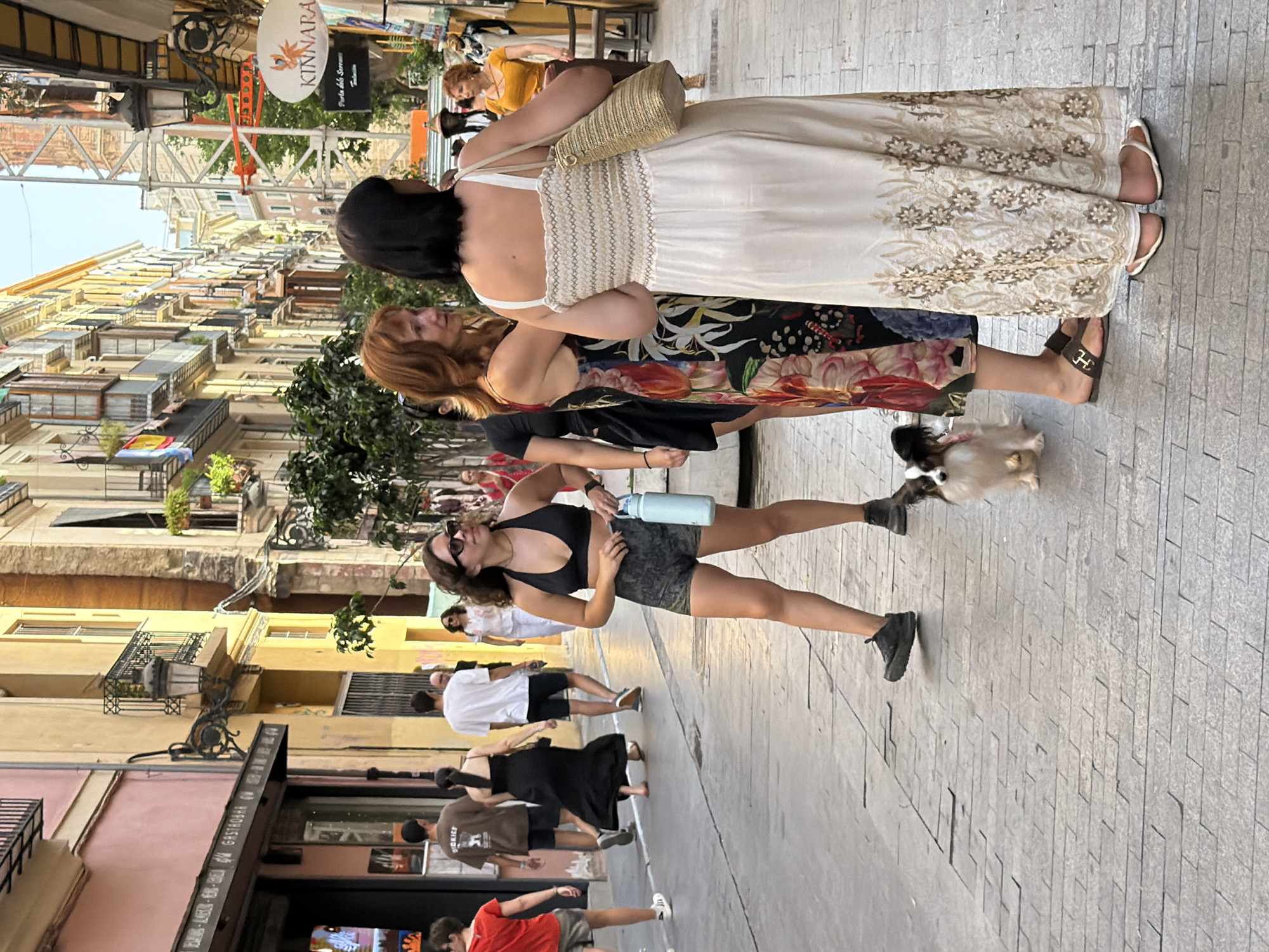 The image shows a street scene in an urban environment, likely a pedestrian zone given the paving stones and absence of vehicles. Several people are visible, walking and standing. In the foreground, a woman in a black sports bra and patterned shorts is holding a blue water bottle. To her right, two women are conversing. One has red hair and is wearing a dark dress with a floral pattern. The other has dark hair and is wearing a long, cream-colored dress with embroidered details. A small dog with white and brown fur sits on the ground between them. In the background, other individuals are walking along the street, and buildings with balconies line both sides of the narrow passage. The architecture suggests a European city. Signs for businesses are visible on the storefronts.